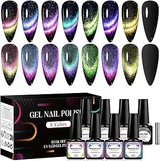 9D Cat Eye Gel Nail Polish, Magnetic Cat Eye Gel Polish Set, 7ml*8 with 1 Magnets, Classic Colors Chameleon Magic Galaxy Effect Soak off Nail Art, Sparkle Stunning Gel Polish Gift for Women