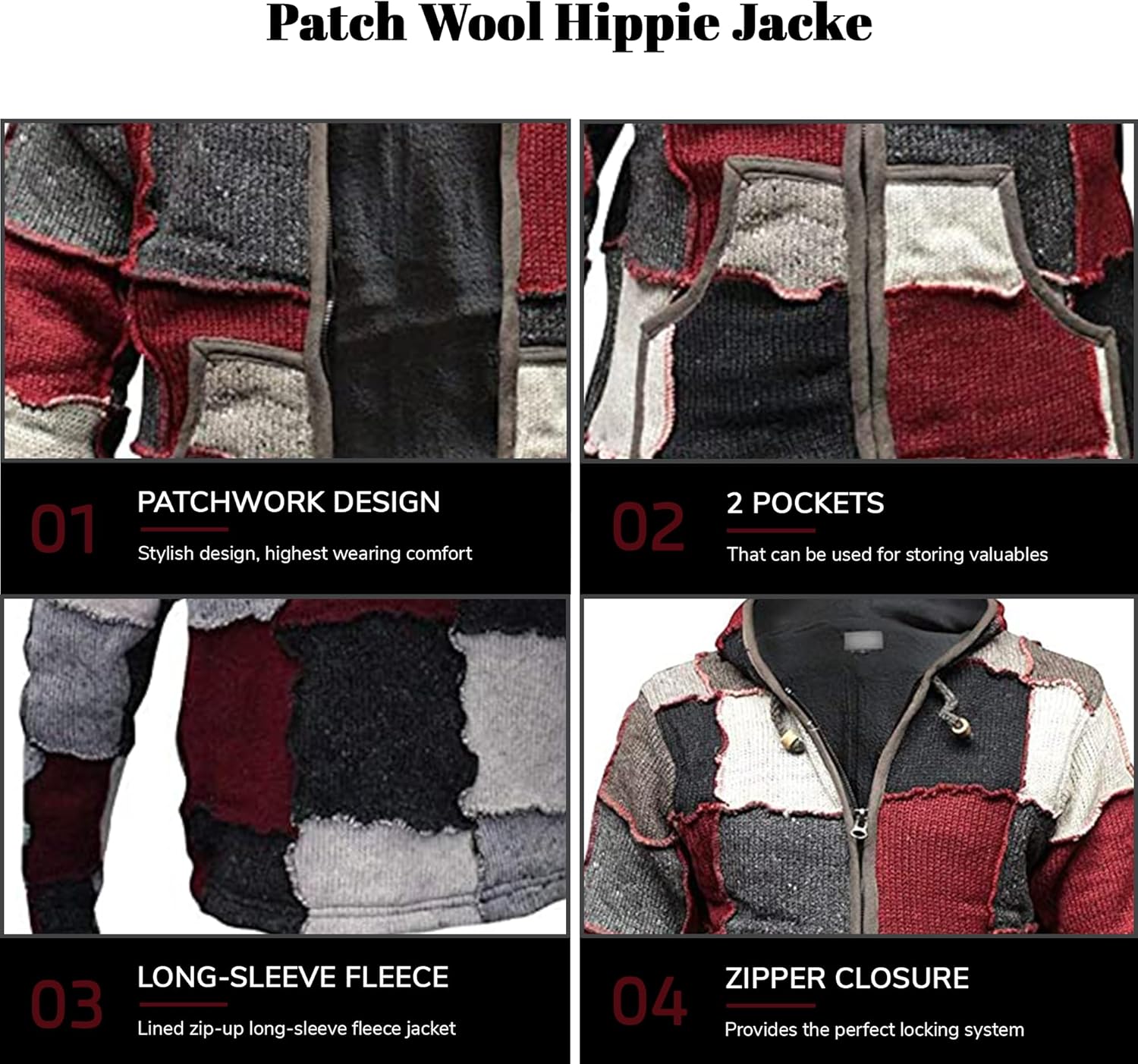 Shopoholic Fashion Mens Winter Patch Wool Hippie Jacket - Image 2