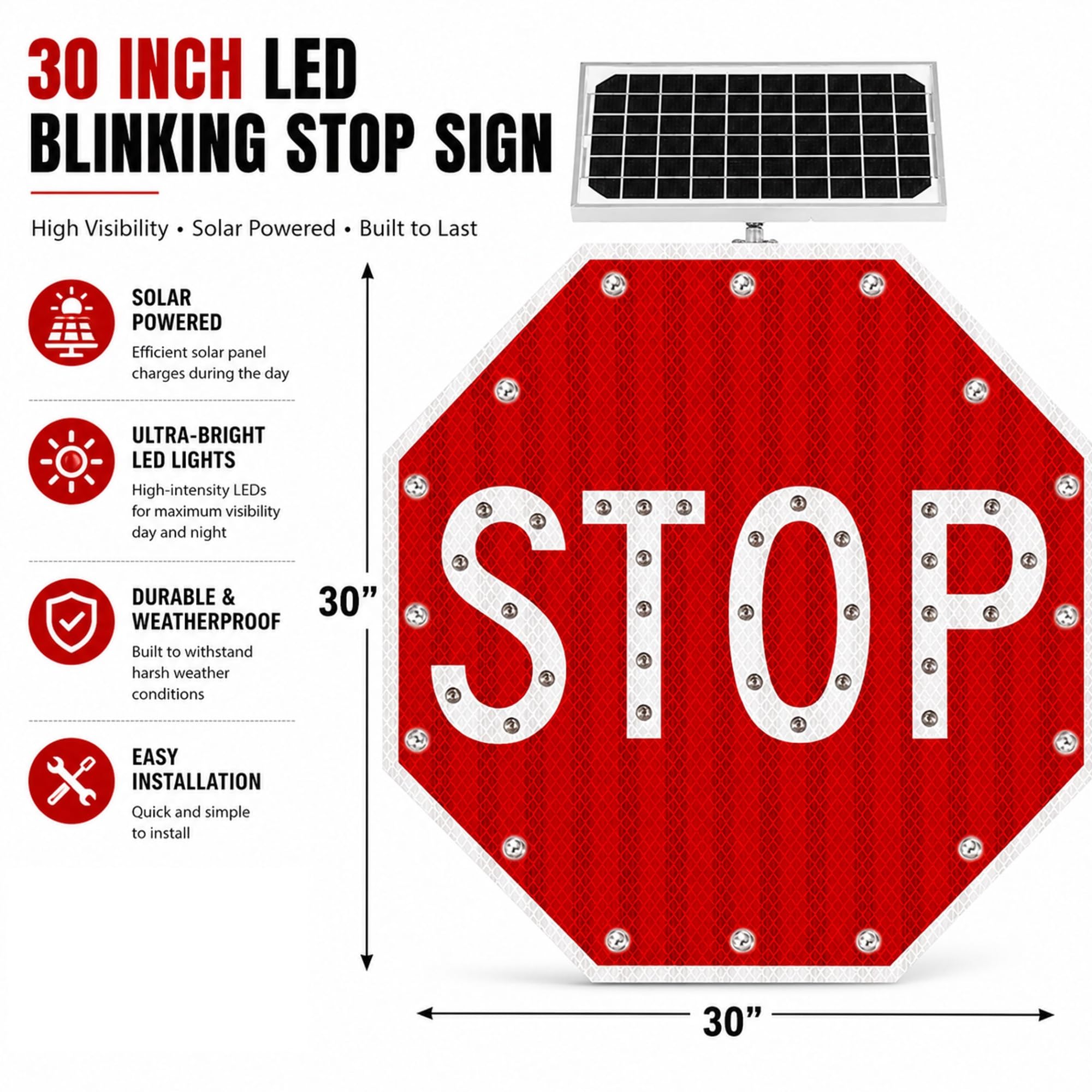 Señal Octogonal Intermitente con LED Solar, 76x76 cm Aluminio Resistente a la Oxidación, IP65 Impermeable para Pasos de Peatones y Entradas de Vehículos