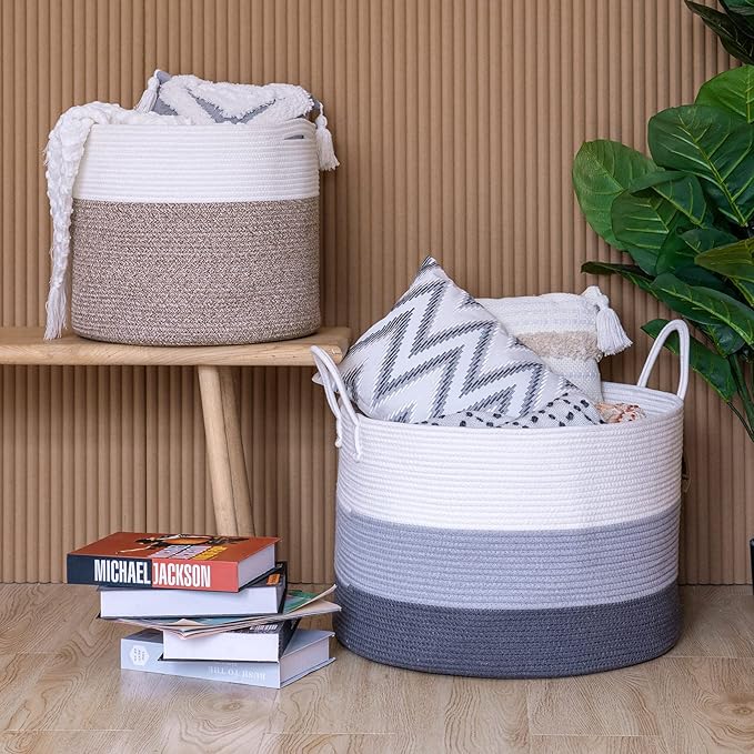INDRESSME Cotton Rope Basket (Set of 2) XXXL Large Woven Laundry Basket and Large