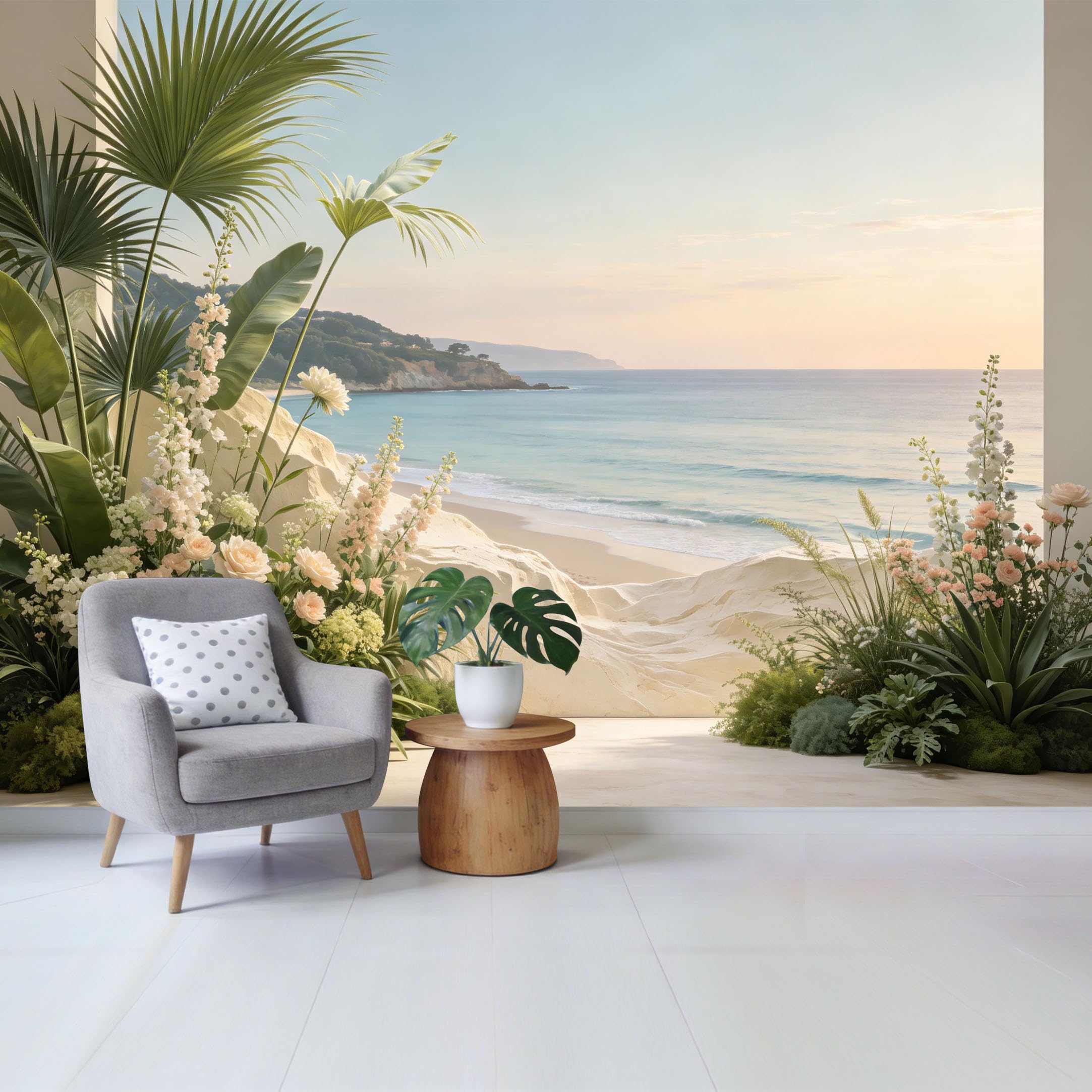 Qzlithotic Yq2605250691 Custom Size Wall Mural Coastal Tropical Palm Beach Floral Sunset Landscape Selfadhesive Wall Fabric Removable Wallpaper For Home Office Decor