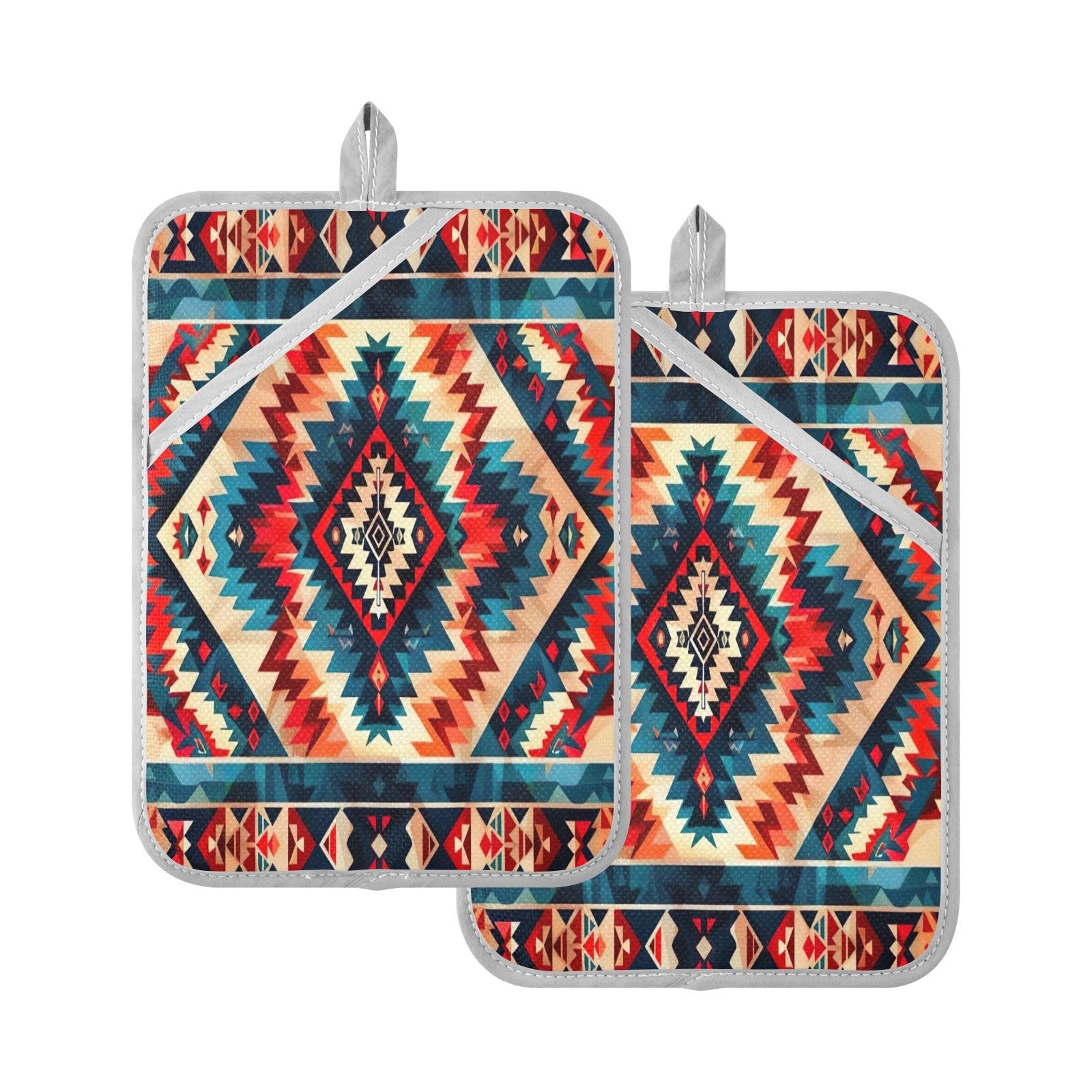 Agarraderas resistentes al calor Nander con diseño de tapiz nativo y bolsillos para cocina