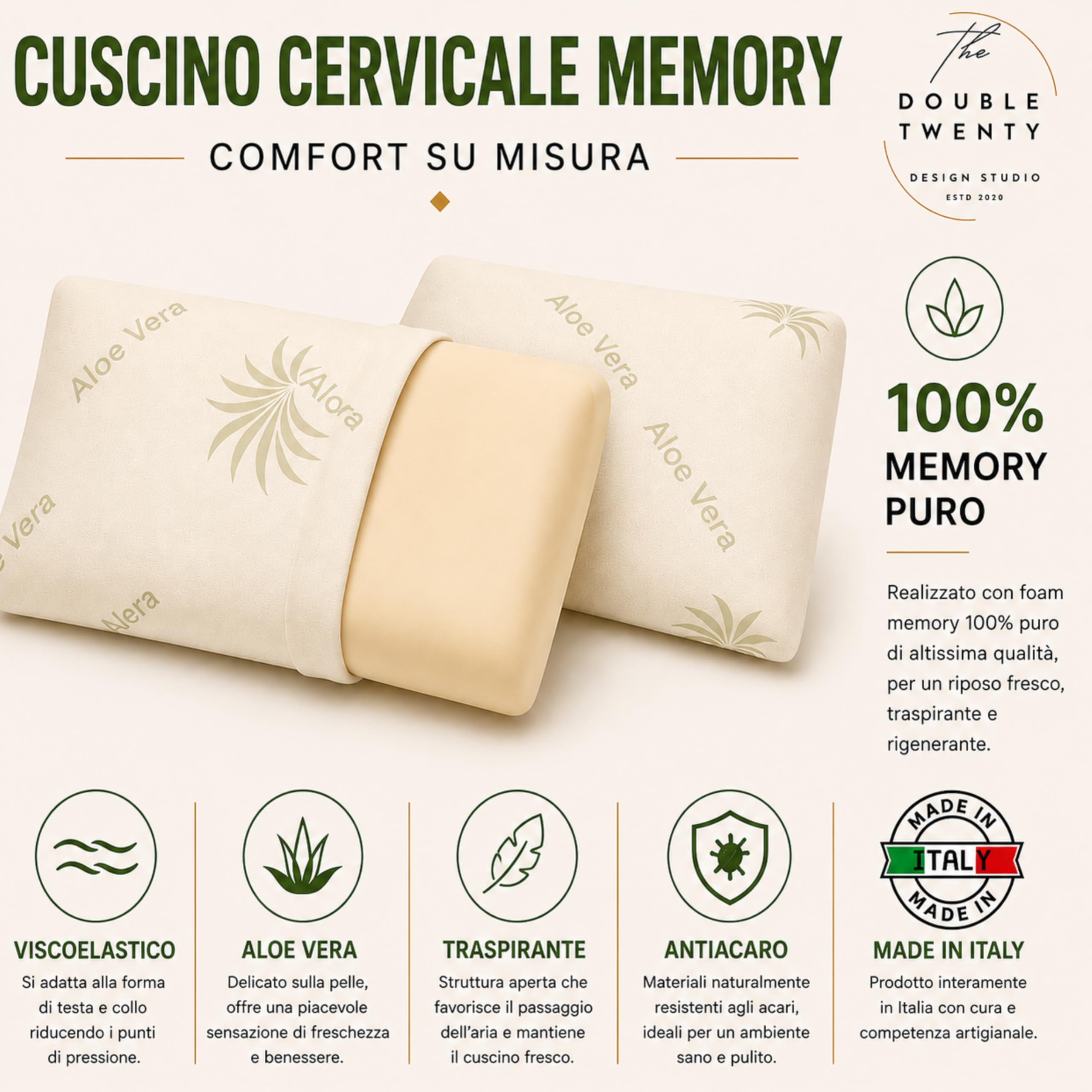 Double Twenty - Almohada cervical viscoelástica, altura 12 cm, 72 x 42 cm – Funda de Aloe Vera transpirable – Ergonómico Masajeador desenfundable antiácaros – Fabricado en Italia