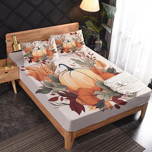 Miniatura 2 de Juego de sábanas de tamaño matrimonial sábanas de otoño, sábanas y fundas de almohada de calabaza y hojas de otoño, microfibra suave, bolsillo