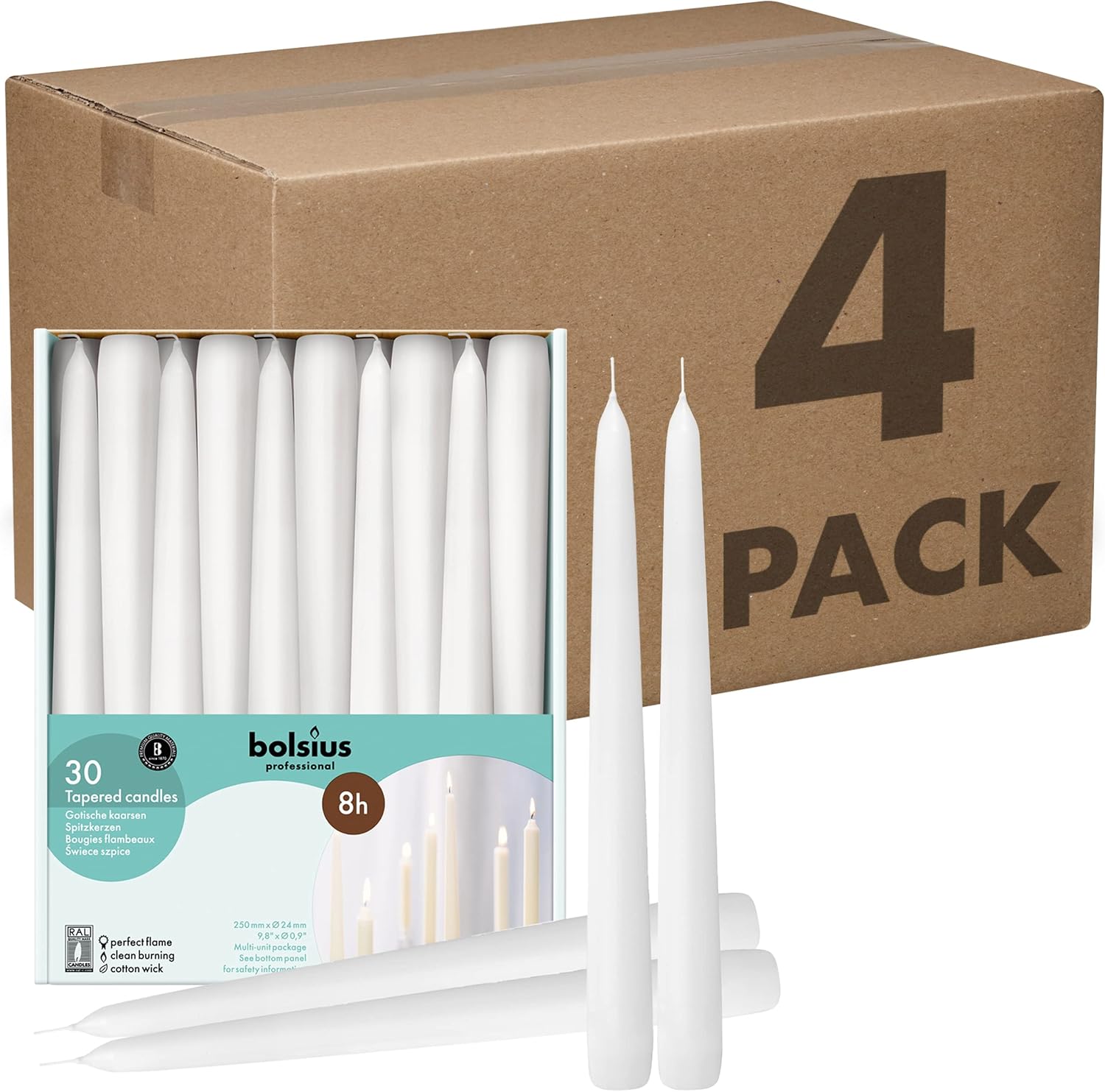 BOLSIUS White Taper Candles Bulk Case of 4 Packs = Total 120 Candles 8 Hours