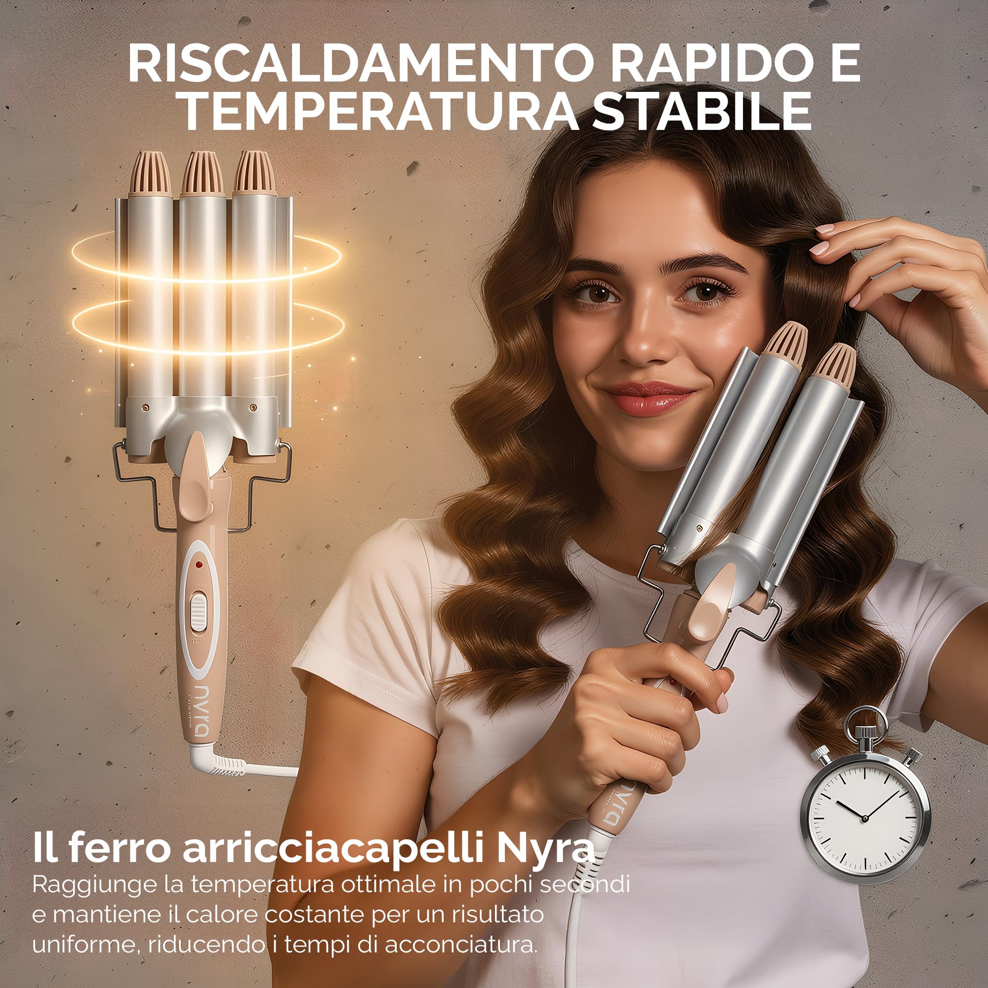 Nyra - Ondulatore per capelli a 3 tubi | Ferro arricciacapelli professionale a onde grandi | 2 temperature (170°C e 220°C) | 95W | Tensione 220-240V | Cavo girevole 1,5 m | Classe elettrica II