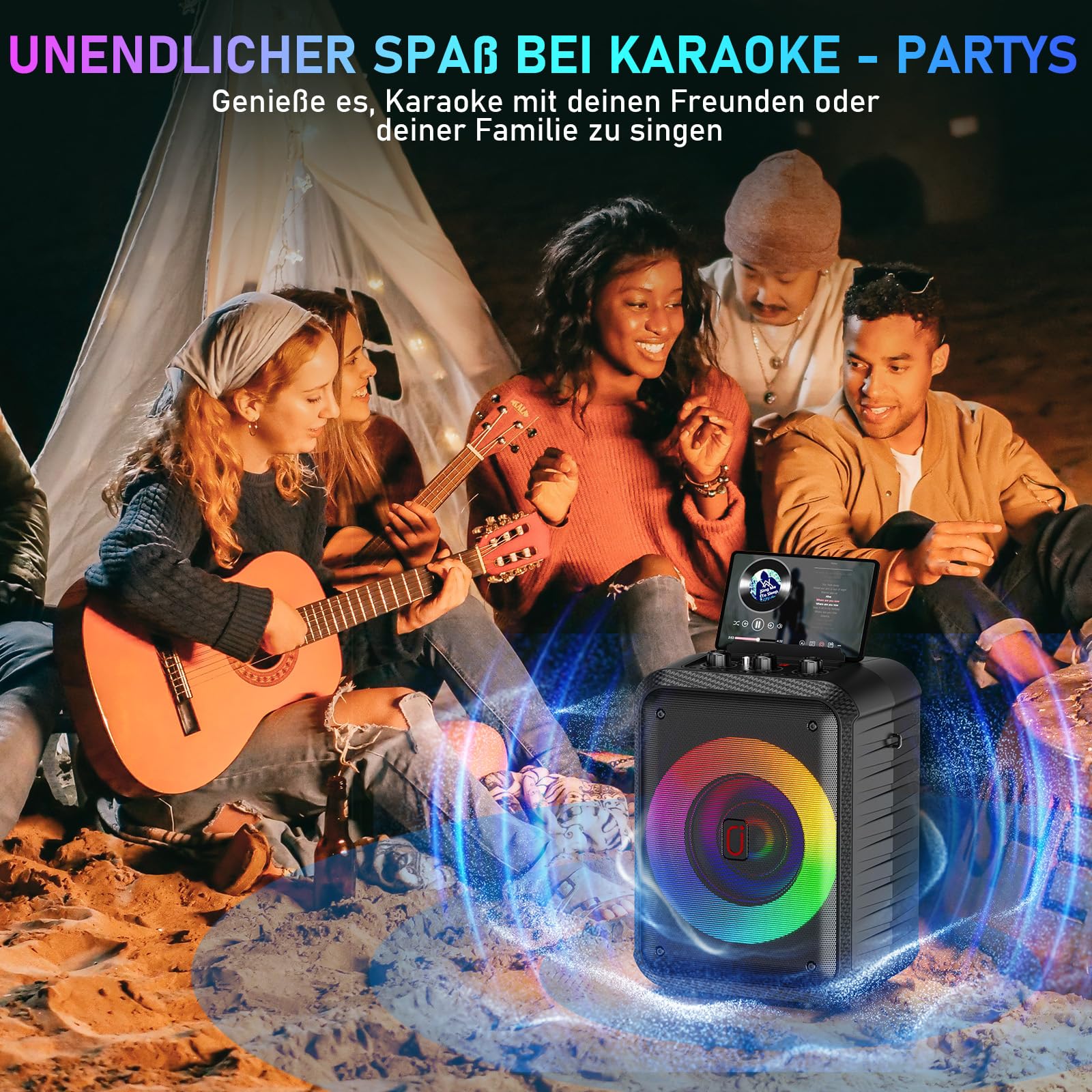 HWWR Karaoke Maschine mit 2 Mikrofonen, Tragbare Bluetooth 5.3 Karaoke Anlage mit RGB-Lichtern, Unterstützt TF-Karte/USB/AUX/TV, PA-System für Home-Partys, Erwachsene und Kinder