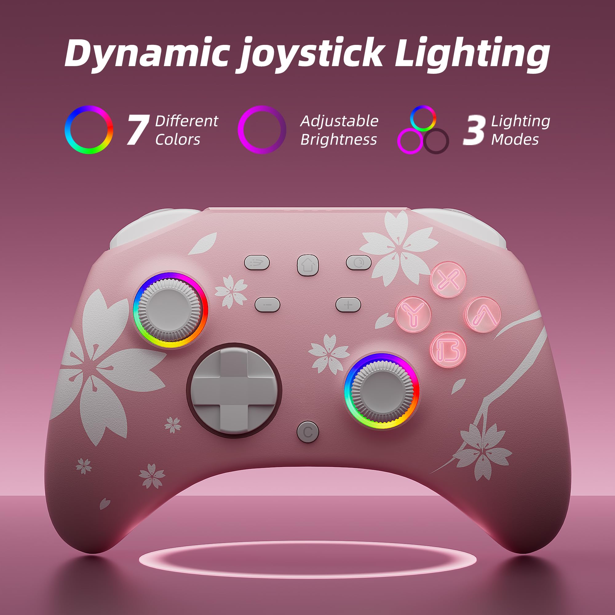 Mytrix Wireless Controllers for Switch/Switch 2, Windows PC iOS Android Steam/Steam Deck,  Bluetooth Controller with Programmable, Hall Effect Joysticks, Adjustable LED Light/Turbo/Vibration: Sakura Pink