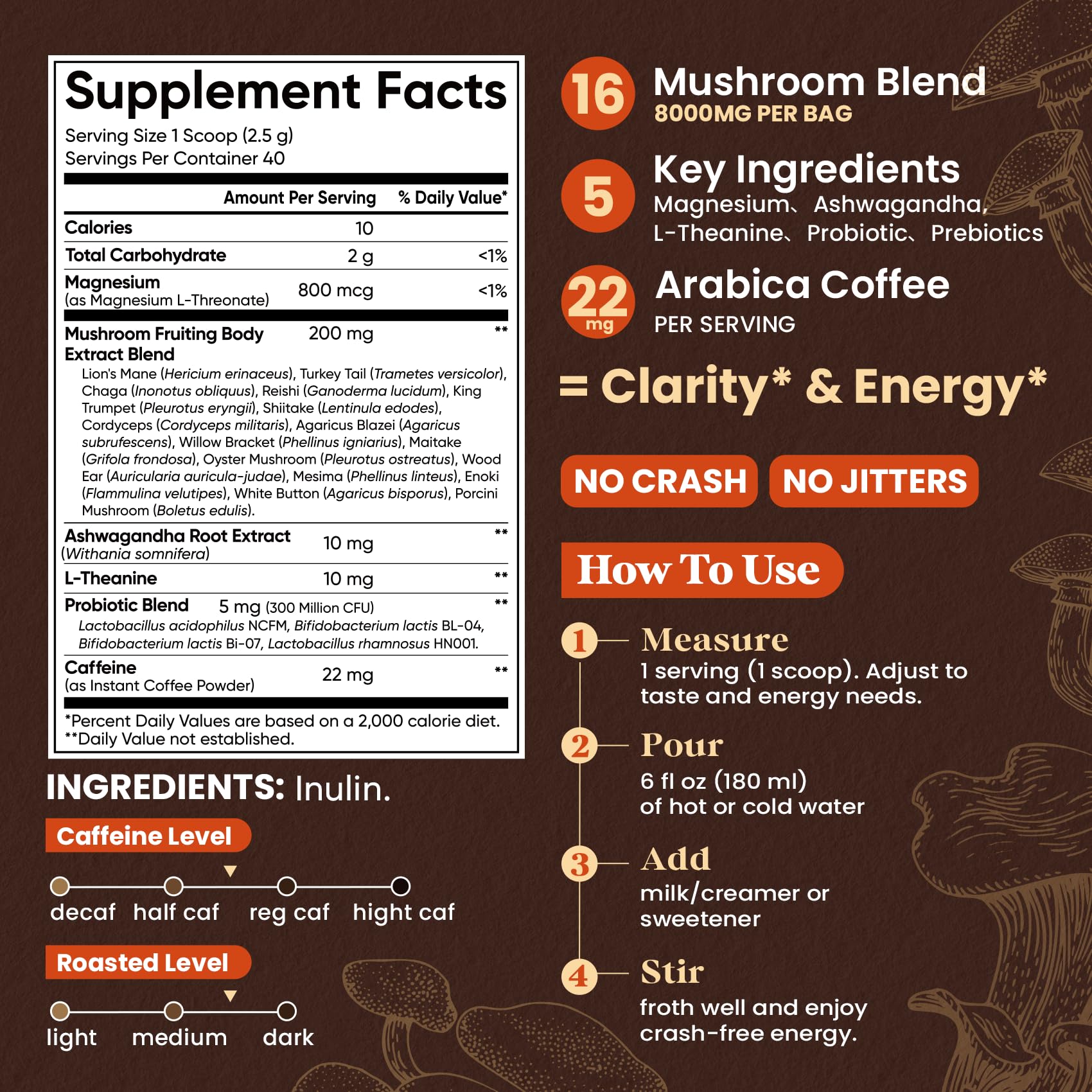 16 in 1 Mushroom Coffee with 8000mg Adaptogenic Mushrooms, 40 Servings — Amazon image 2