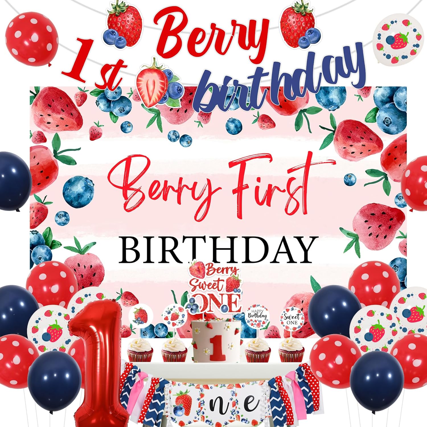 Berry 1st Birthday Decoration Strawberry Blueberry First Birthday Decorations Berry First Birthday Backdrop Banner Berry Sweet One Highchair Banner for Berry First Birthday Party Supplies