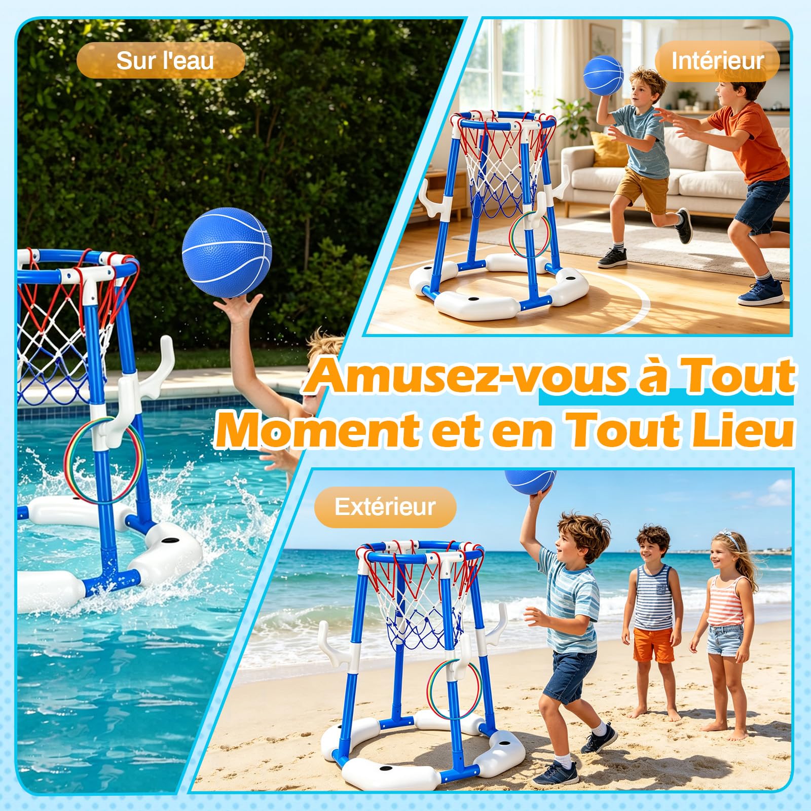 Panier Basket Flottant, 2-en-1 Panier Basket Piscine, Ensemble de Basketball à Eau avec 2 Ballons, 12 Anneaux et Pompe, Jouets Basketball Aquatiques pour Enfants et Adultes