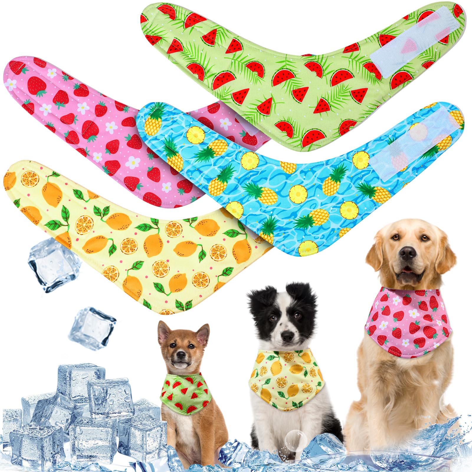 Reginary 4 Pack Dog Ice Bandanas Summer Instant Cooling Bandanas for Dog Neck Wraps Hawaiian Fruit Breathable Cooling Scarf for Pet Summer Hunting