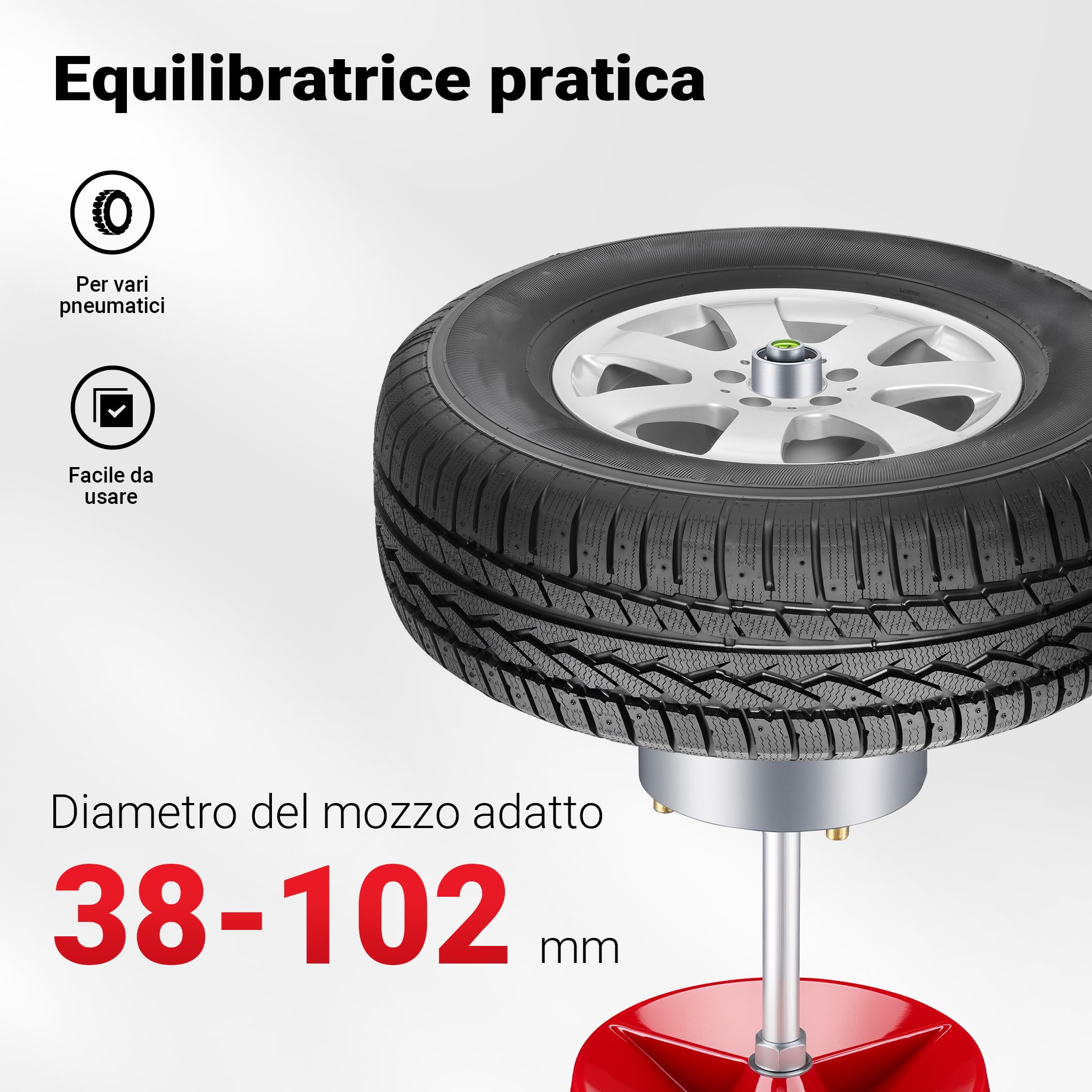 Wiltec Equilibratrice Portatile 29 x 29 x 57,5 cm, equilibratrice gomme Auto e Moto, per mozzi da 3,8 a 10,2 cm