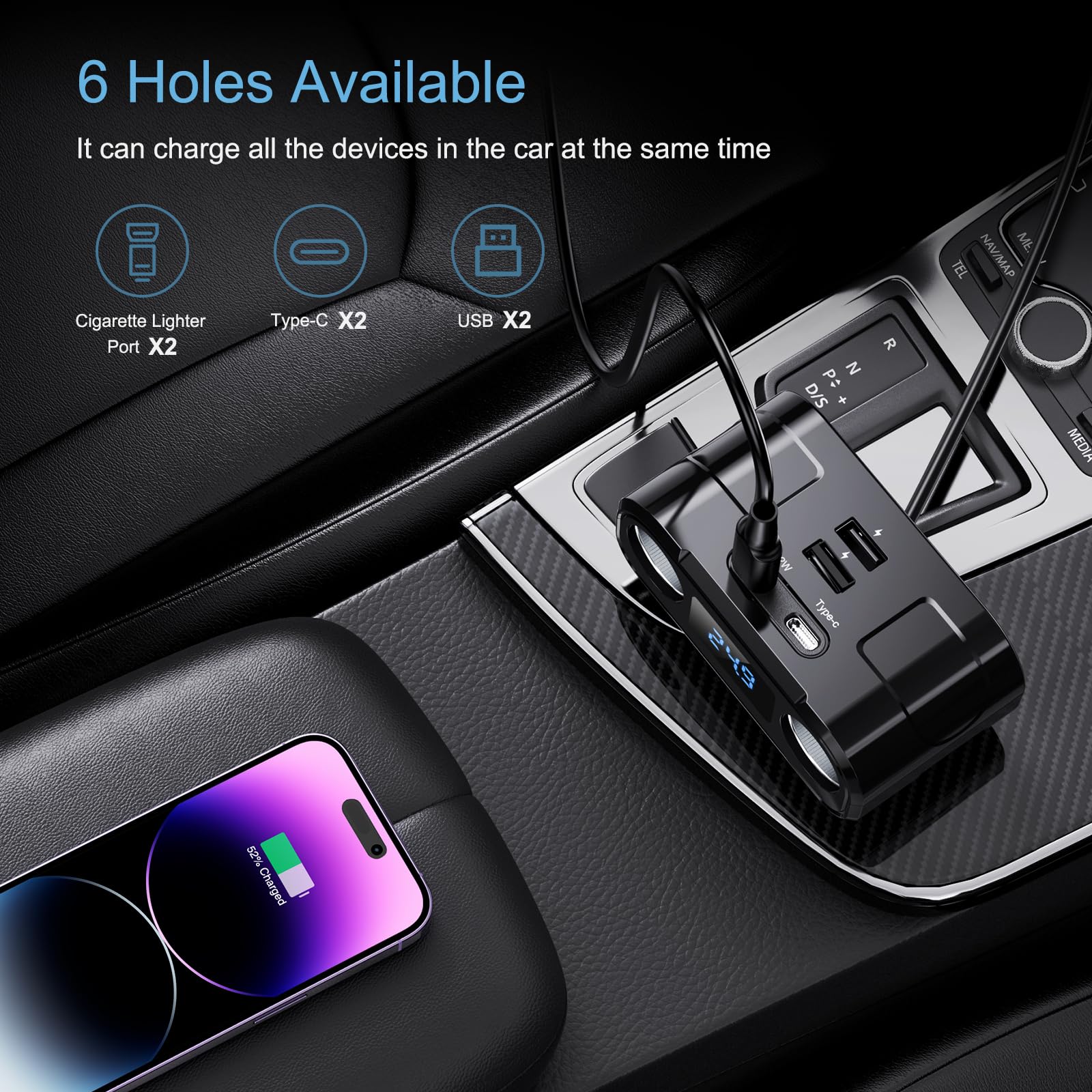 Répartiteur Allume-Cigare Ankilo 6 En 1 - 2 USB + 2 Ports PD + Voltmètre - Chargeur Voiture 60W