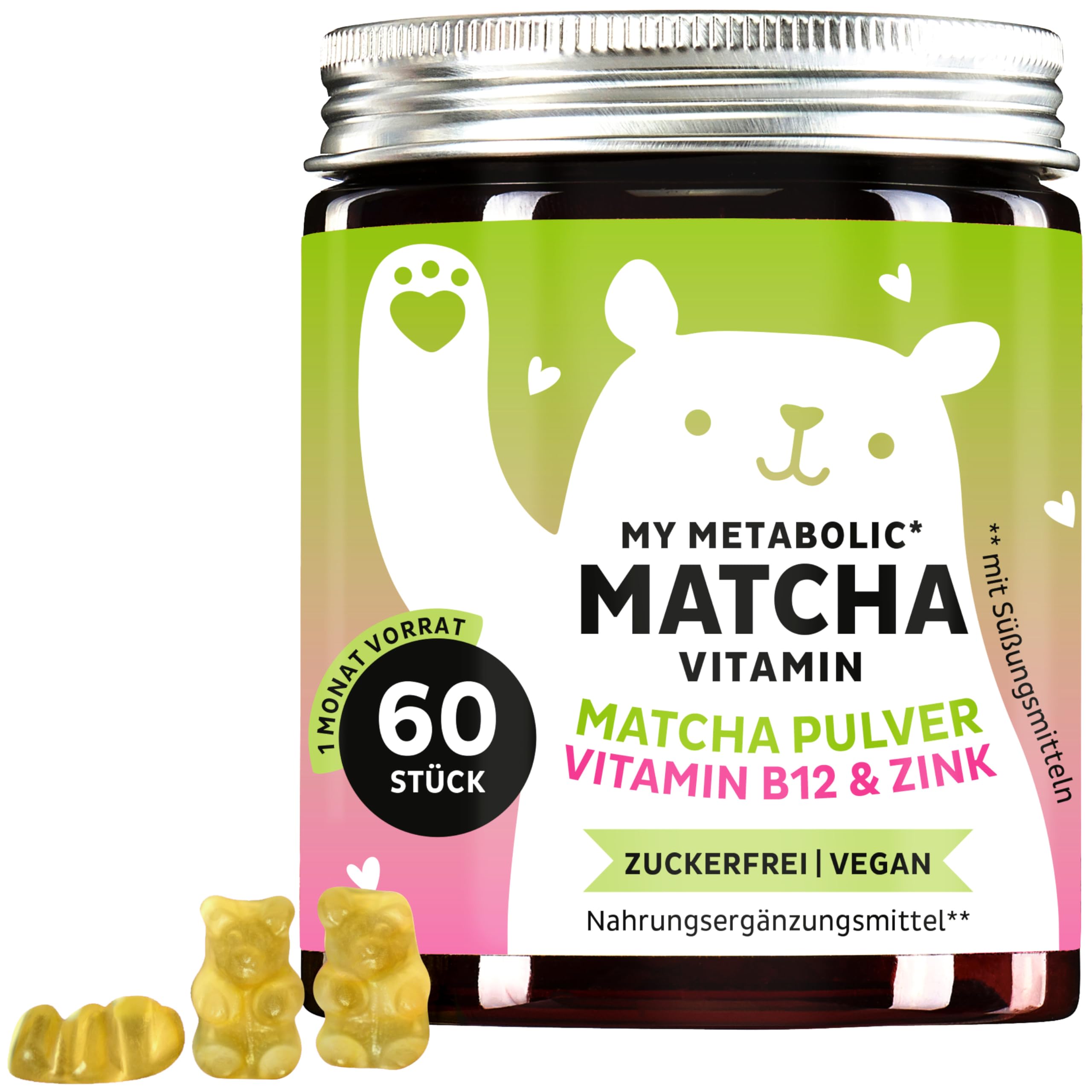 My Metabolic Matcha Vitamin Gummibärchen - Natürliches Energie-Supplement – Antioxidativ – Mit Matcha, CoQ10, Zink, Vitamin B12-60 Stück (1 Monat Vorrat) - Zuckerfrei, Vegan - Bears with Benefits