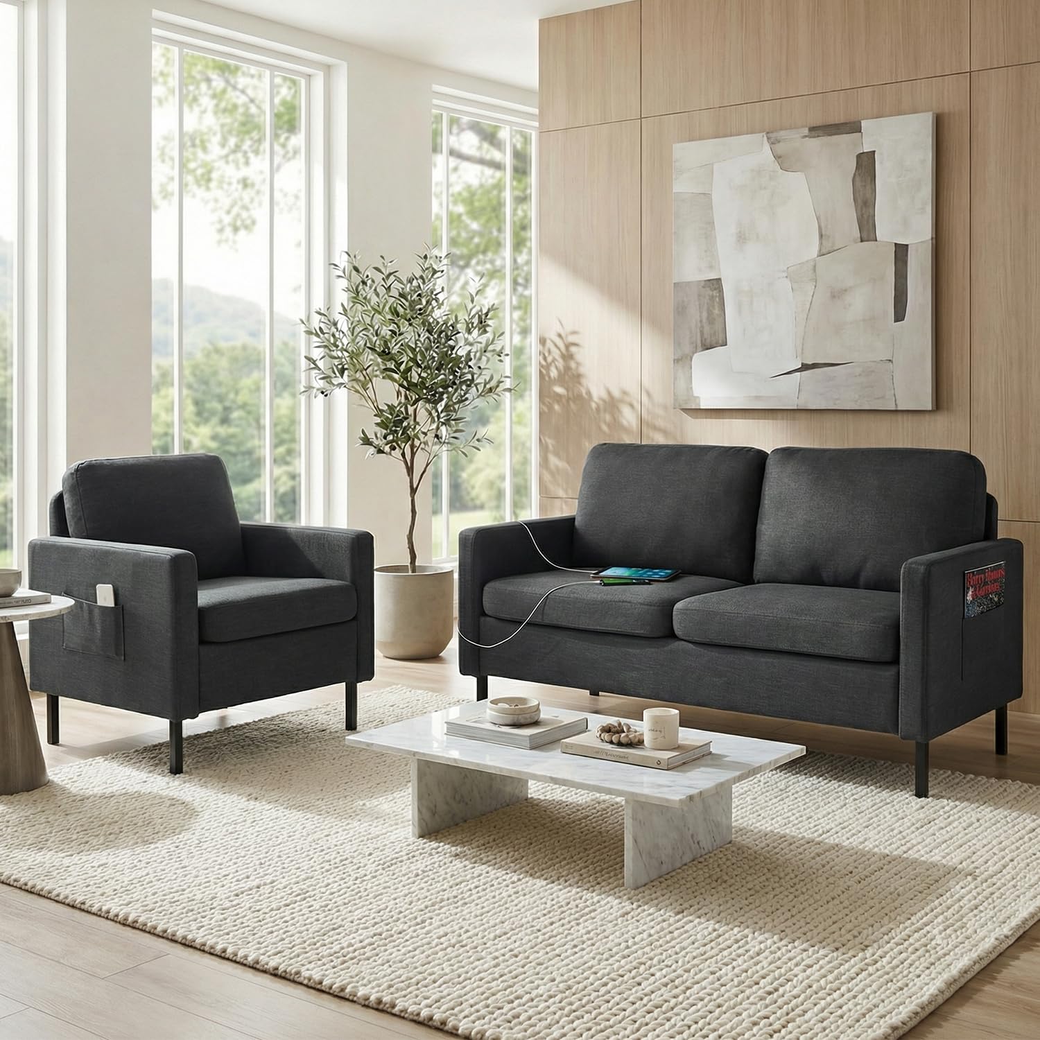 STHOUYN Modern 2-Piece Living Room Set, 56" Grey Sofa Loveseat with USB Ports, Small Couch and Chair Set for Small Space, Apartment, Office (Grey, 1 Chair + 1 Loveseat)