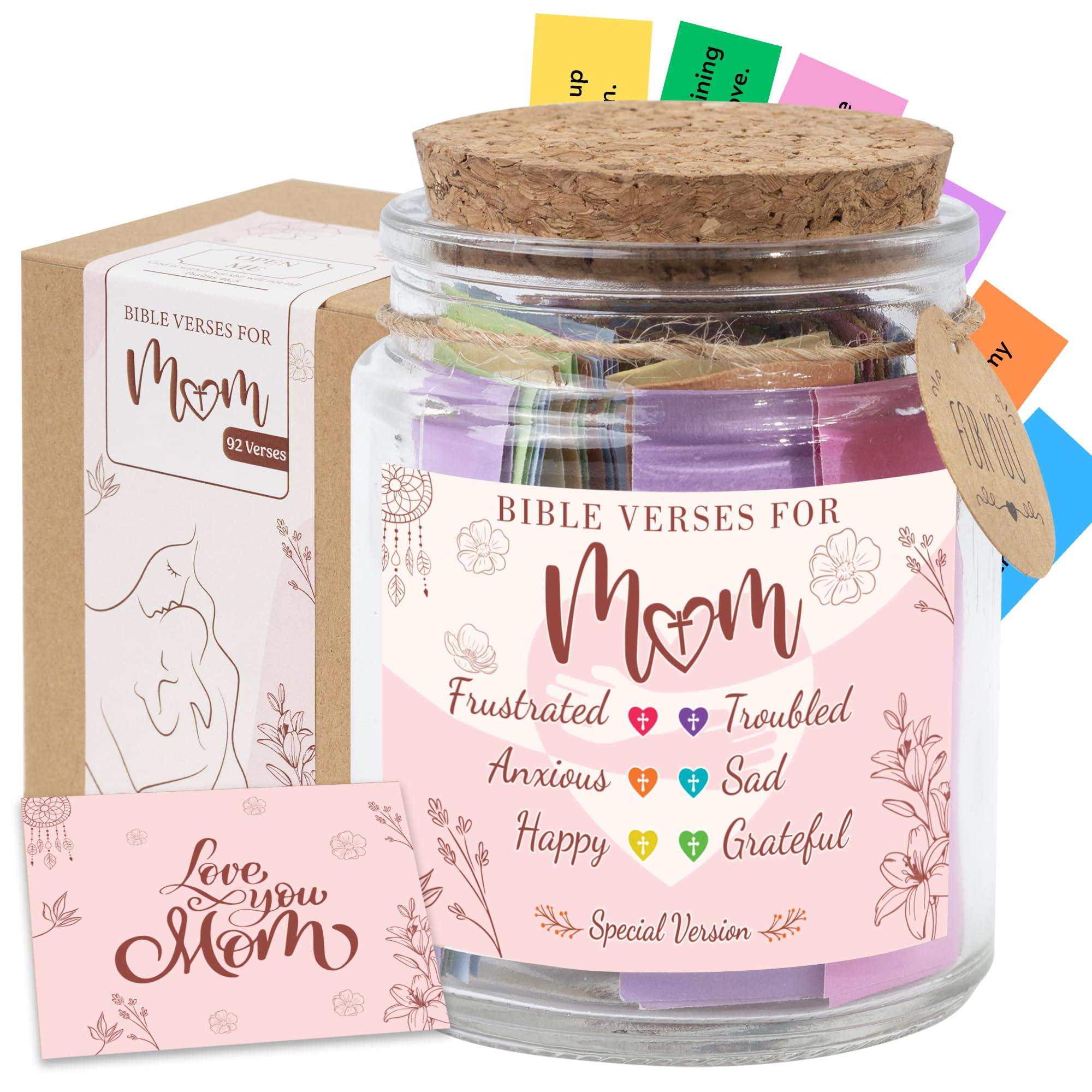 Bible Verse Jar for Mom – 92 Color-Coded Scriptures for Encouragement, Birthday Present for Women, Inspirational Christian Gift Idea, Heartfelt Christian Gifts for Mom