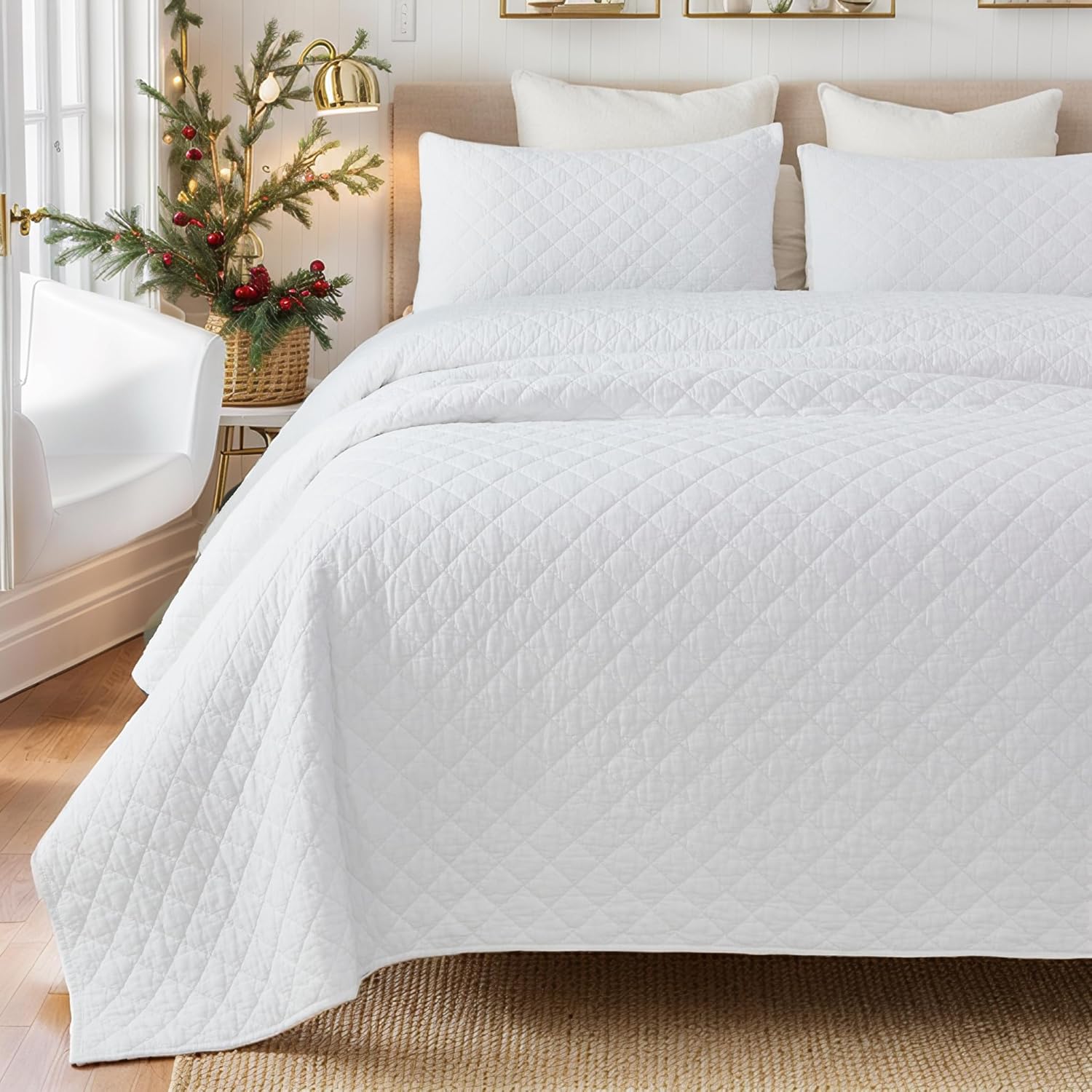 Brandream White Quilt Set King Size Cotton Quilts Elegant Diamond Checker Plaid Quilt Bedding Set 3-Piece