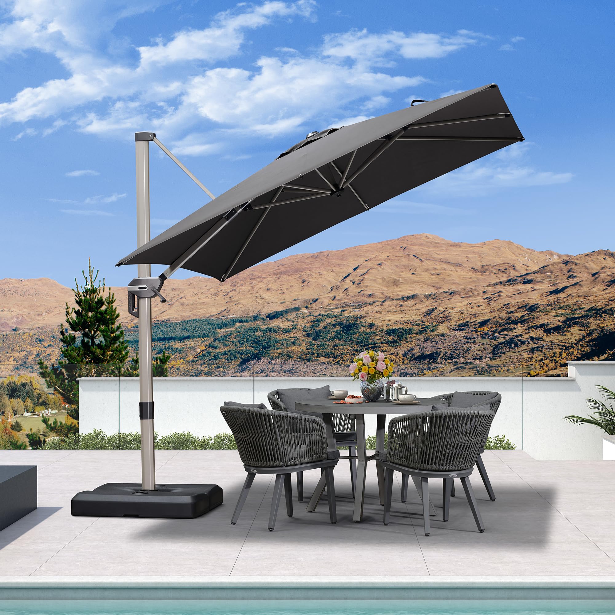 9 ft off the wall patio umbrella Blue Star Group Off-The-Wall Brella 9 ft. Patio Half Umbrella in Chocolate  Sunbrella OTWB-9SC