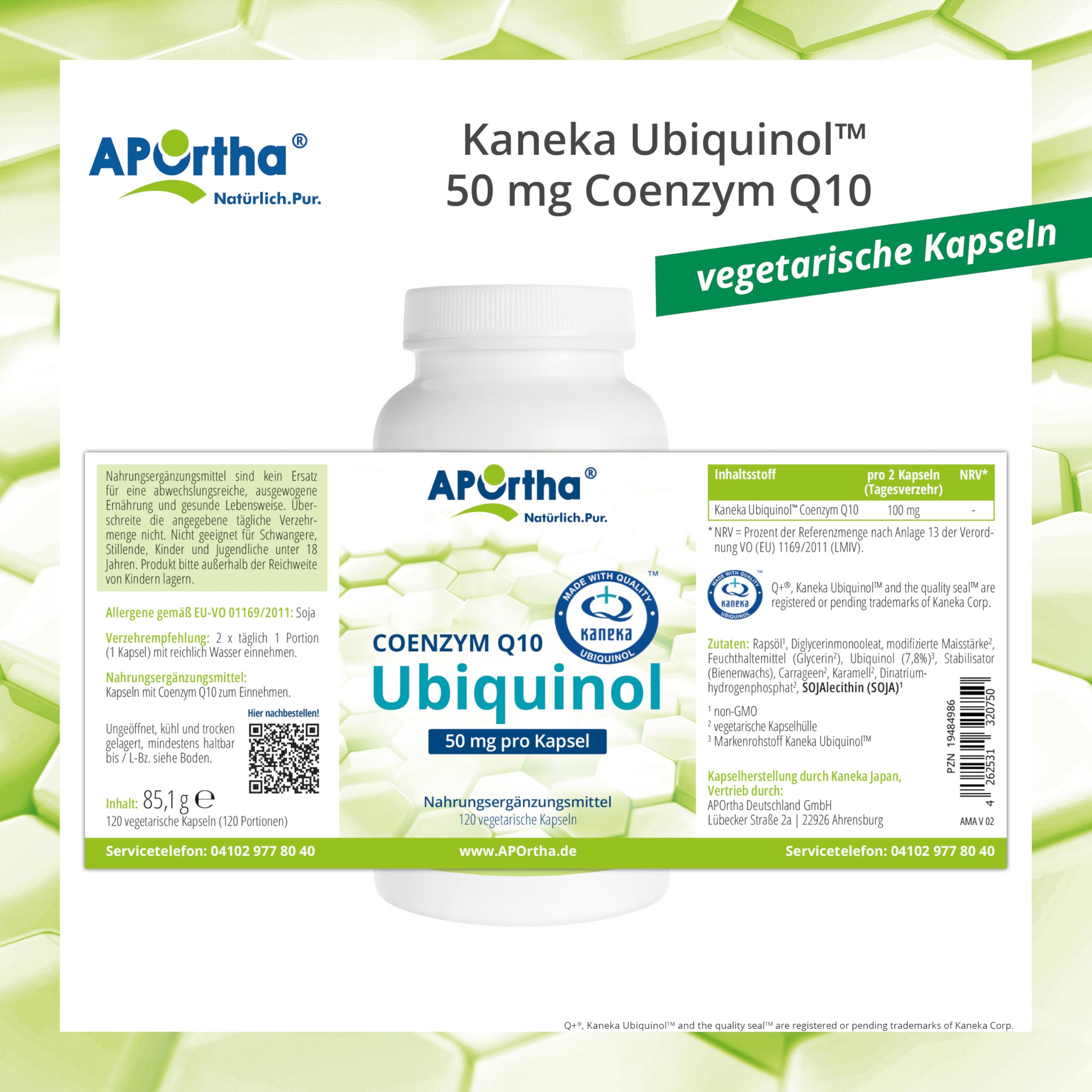 APOrtha Kaneka Ubiquinol Coenzym Q10 50 mg 120 Kapseln, Premium CoQ10 hochdosiert 50mg für 2 Monate, Hohe Bioverfügbarkeit durch bioaktives Ubiquinol, 2-fach Patentierter Rohstoff