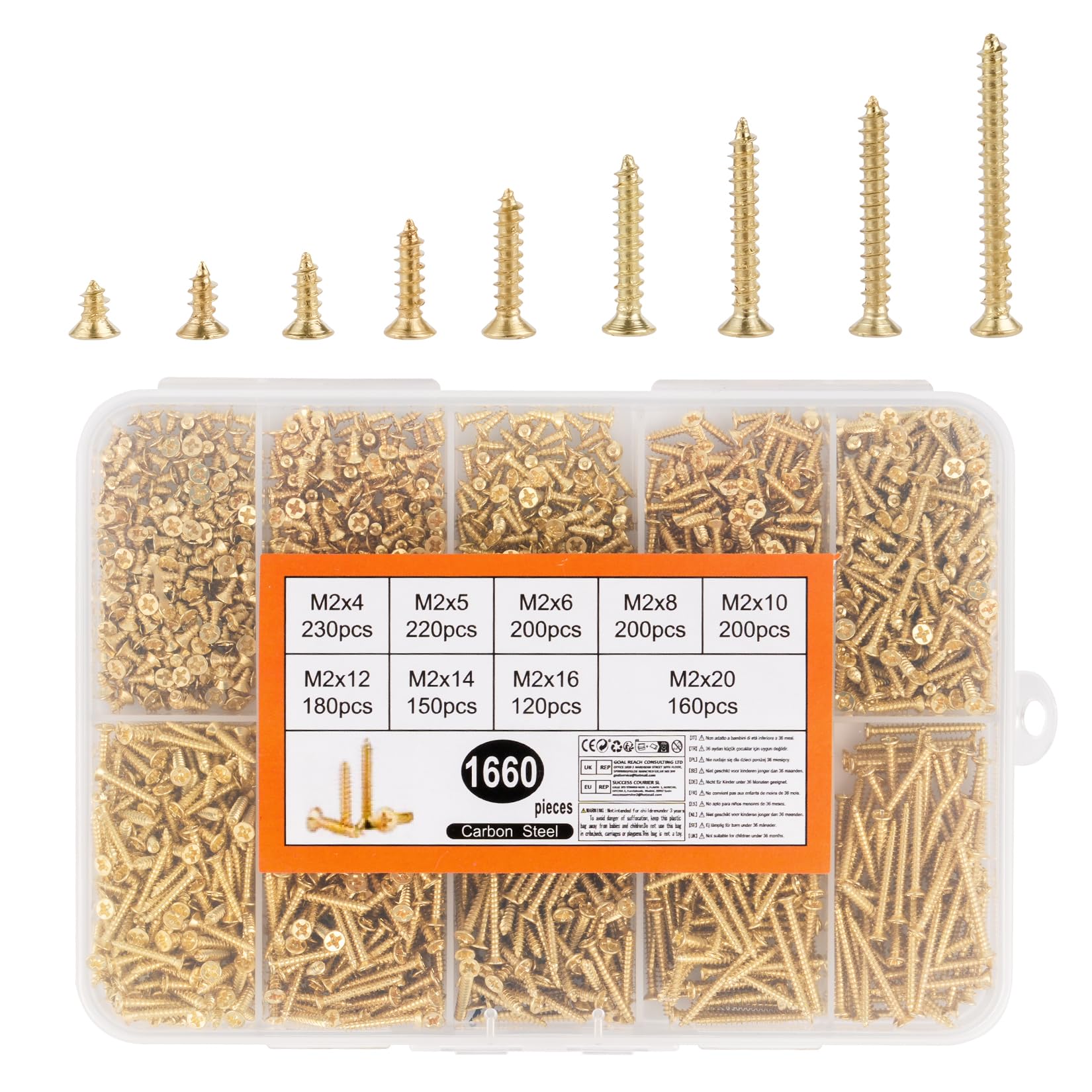 1660 Pz M2 Viti per Legno, Set diViti Autofilettanti per Legno, Piccole Viti a Testa Piatta a Croce, Kit AssortimentoViti a Testa Svasata Croce per Cartongesso Plastica Mobili Modellismo(Oro)