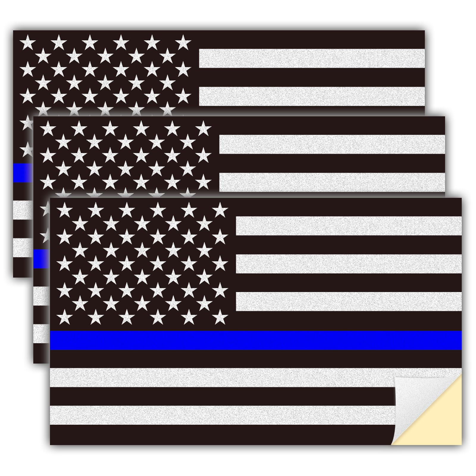 Wimfoix Blue 3Pcs Reflective Us Flag Stickers, 5"X3" Vinyl Thin Line American Flag Decal Car Laptop Bumer Sticker, Support Usa Police And Law Enforcement Officers