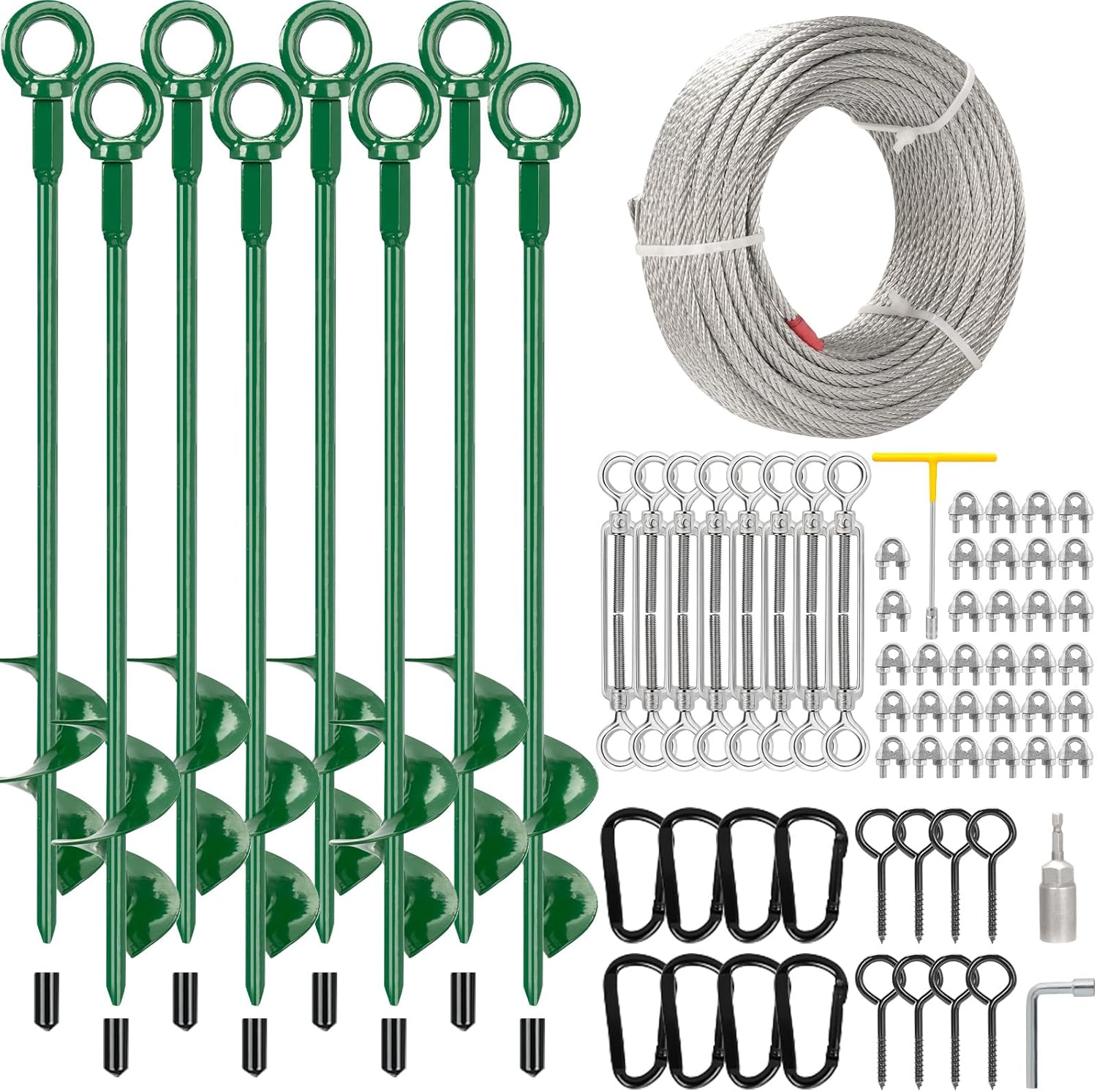 8 Pack 30" Shed Anchor Kit, Triple Helix Ground Earth Anchors with 100 FT 3/16" Galvanized Cable, 8 Turnbuckles & Drill Adapter, Green Auger Anchor for Canopy Gazebo Trampoline Swing Set