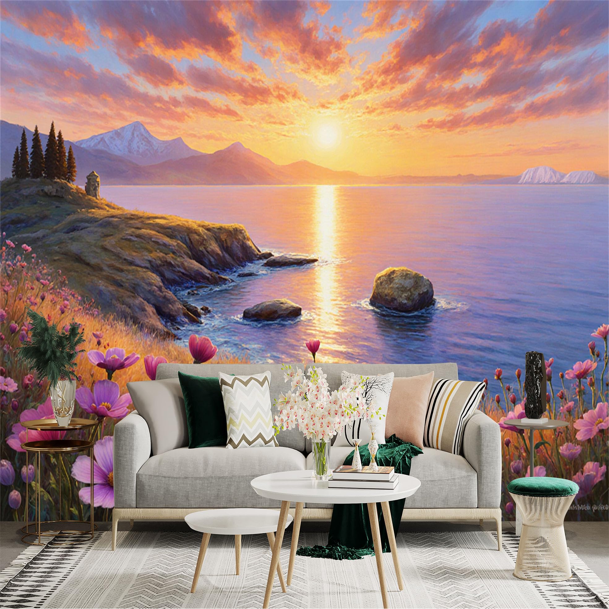 Lnzczhyre Xc260505286 Custom Size Wall Sticker Mural， Golden Sunset Over Serene Lake， Majestic Mountains， Blooming Wildflowers， Coastal Landscape View， For Wall Decoration， Peelandstick Wall Decals.