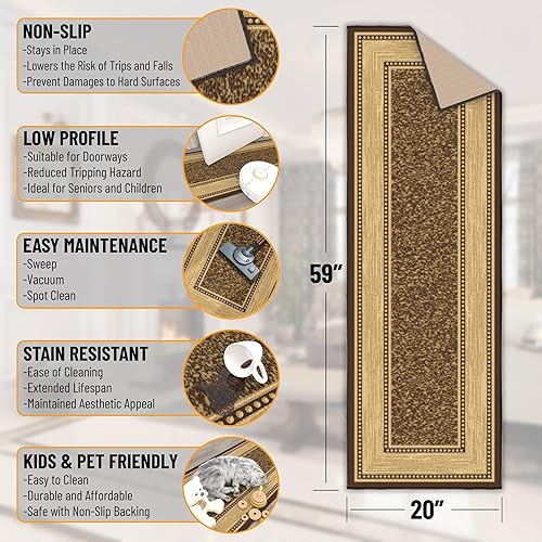 Miniatura 2 de Ottomanson Ottohome Alfombra antideslizante de goma con diseño de bordes de 2 x 5 pies, 20 x 59 pulgadas, color marrón