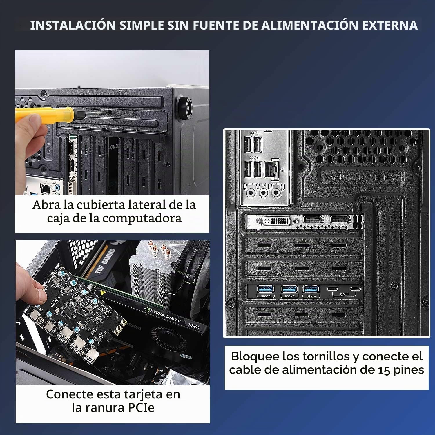 Tarjeta PCIe USB C de 5 Puertos y 25 W de Potencia, Tarjeta de expansión PCI Express USB 3.0 de 5 Gbps (3 Puertos Tipo A y 2 Tipo C), Carga rápida para PC de Escritorio