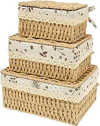 3 peças de cesto organizador de tecido de vime com tampa, cesta organizadora decorativa de tecido de vime de tamanhos variados, pacote com 3 para quarto, banheiro