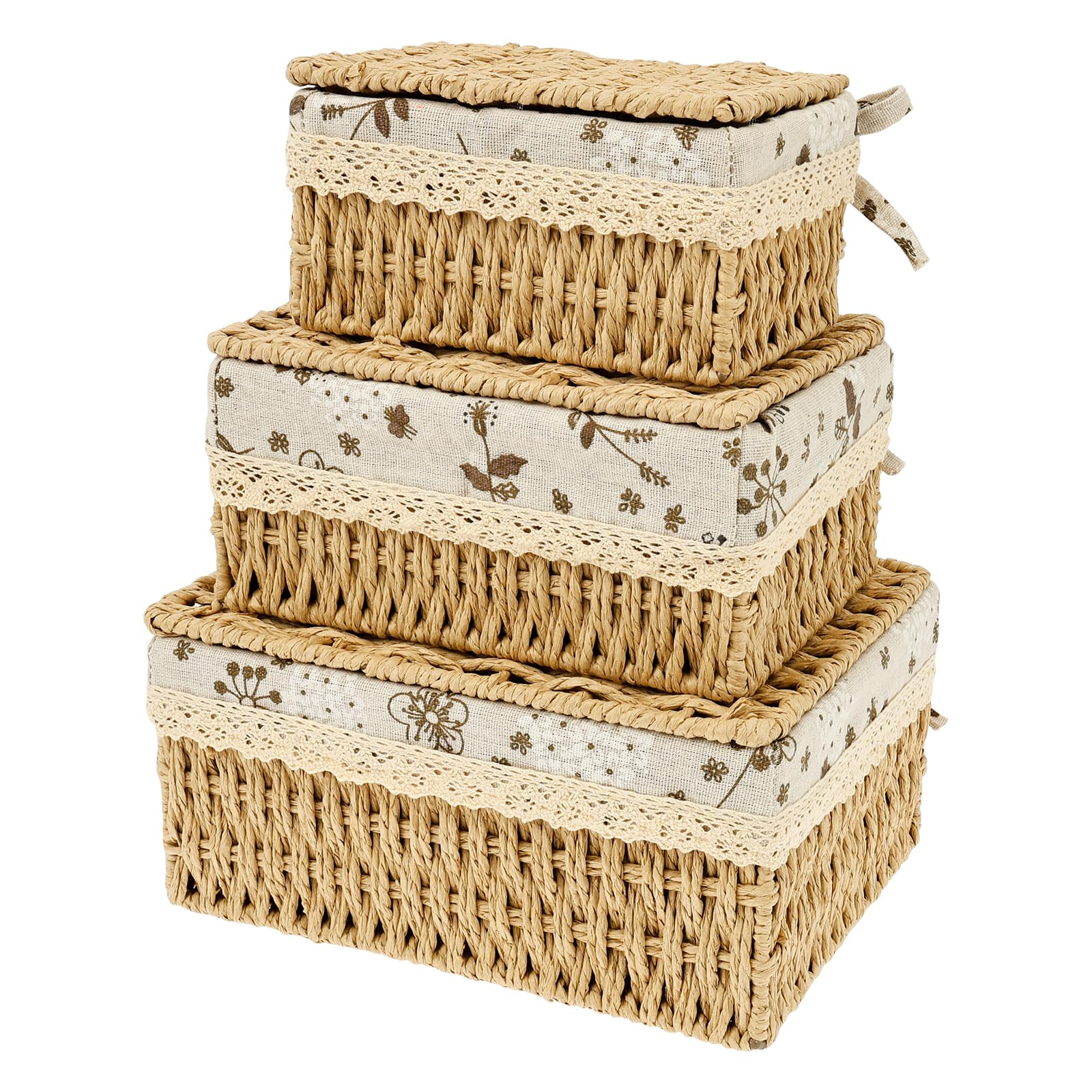 3Pcs Wicker Storage Basket with Lids Decorative Storage Boxes Handmade Wicker Hamper Box for Shelves Reusable Space-Saving Paper Rope Basket Bedroom Storages Solutions for Organizing Toys, Clothes