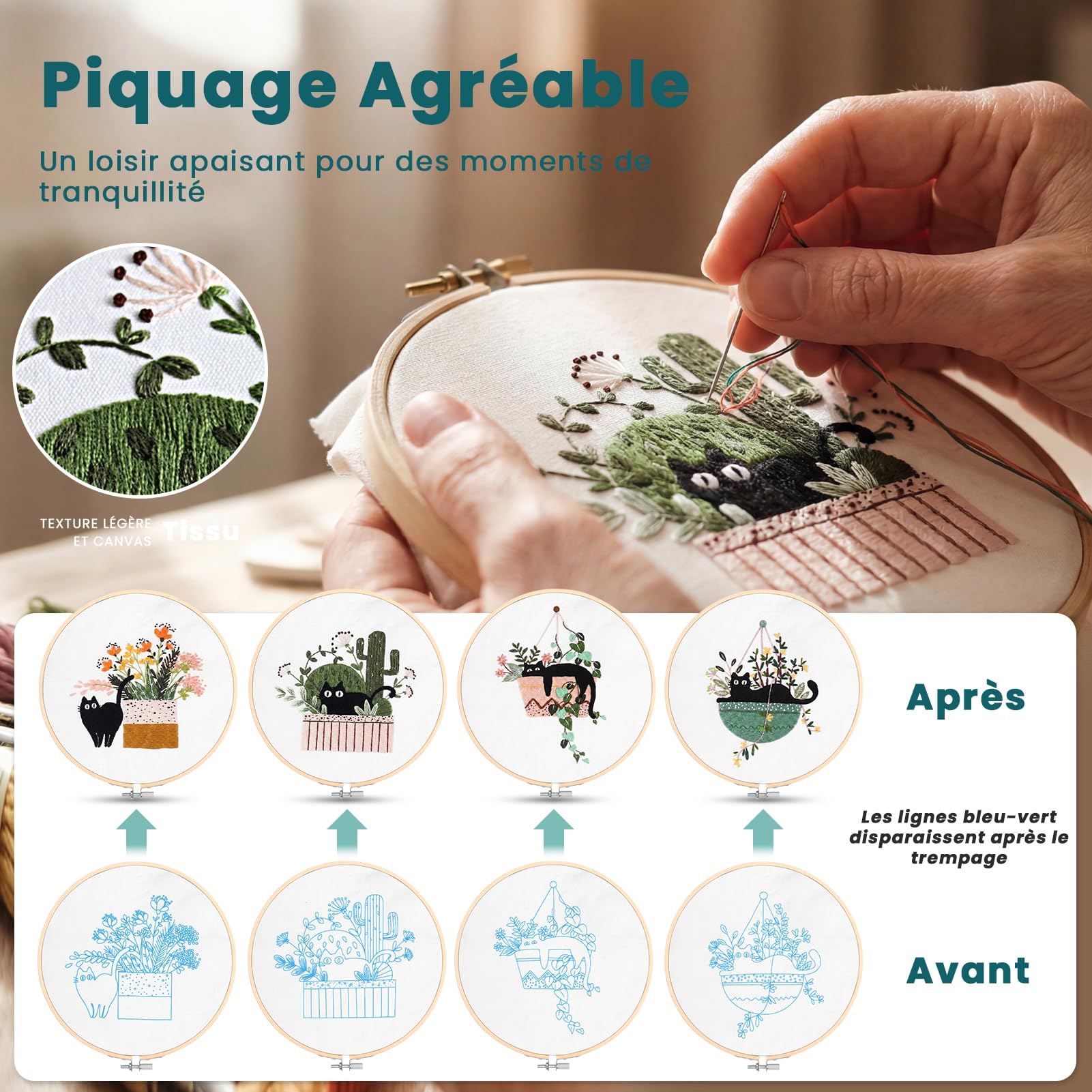 Homwiz Kit Broderie Debutant, 4 Kits de Broderie pour Motifs Floraux et Végétaux, avec 2 Cercles en Bambou Fils Colorés Instructions Aiguille Ciseaux pour Enfants Artisanat DIY (Havre des Chats)