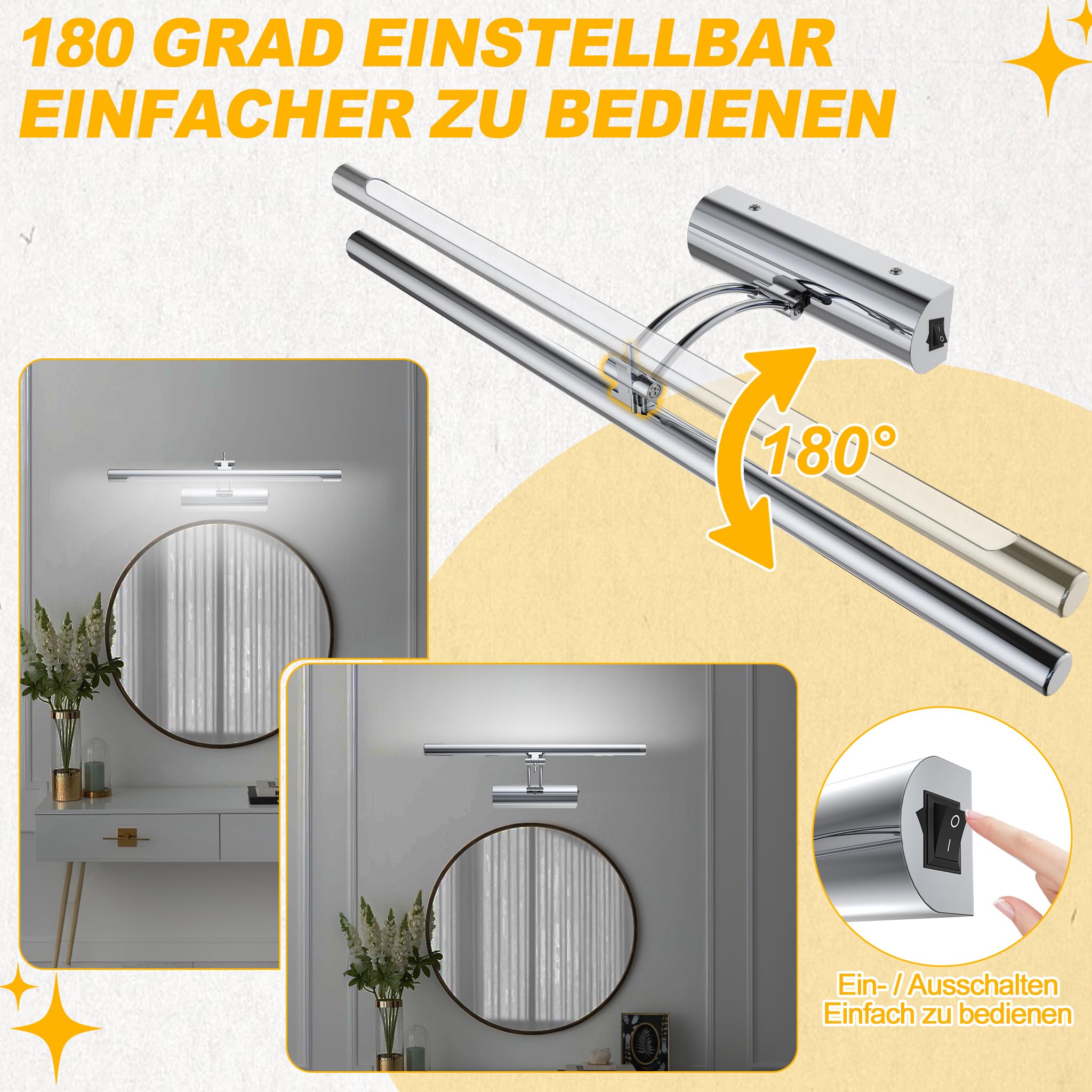 UISEBRT 10W 40cm Lámpara LED para espejo de baño, tubo fluorescente ajustable 180°, base con interruptor, plata Lámpara de baño para iluminación de pared y espejo, tipo C luz blanca fría