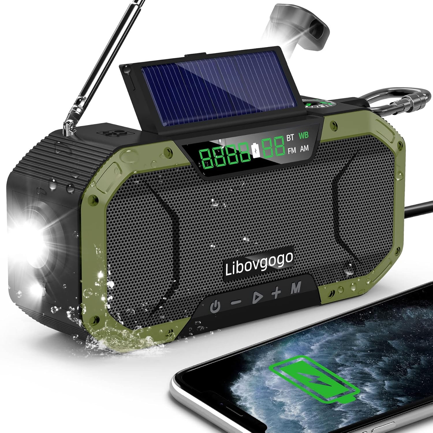emergency radio waterproof bluetooth speaker,portable digital am fm radio with flashlight,reading lamp,hand crank noaa weather radio with solar panel,5000mah cell phone charger,emergency survival kit green