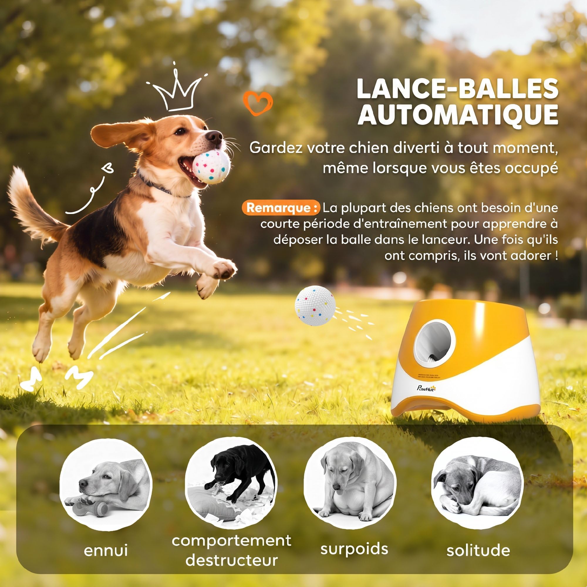 PawHut Lanceur Automatique de Balles Chiens Moyens 3 Distances Orange