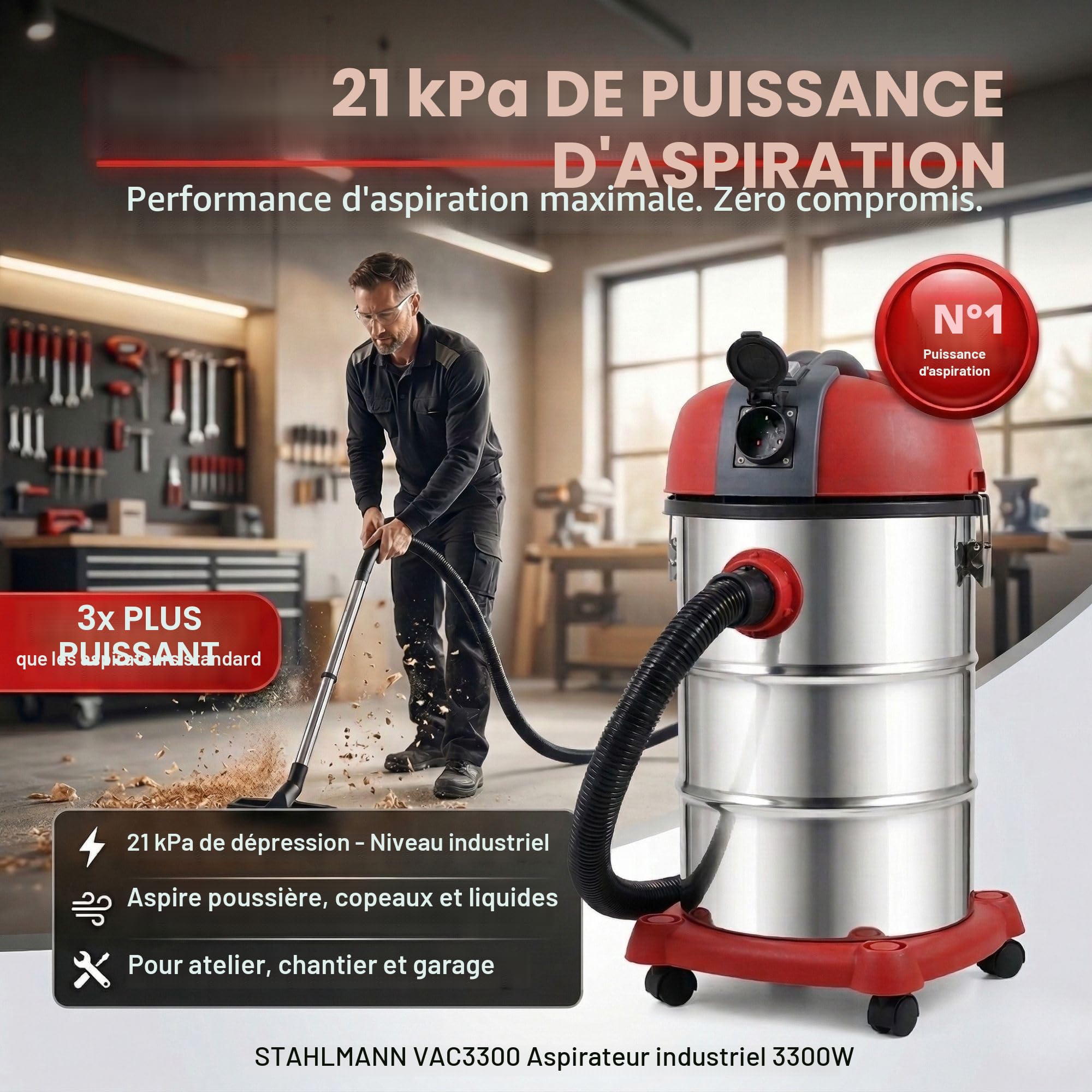 STAHLMANN VAC3300 Aspirateur industriel - Réservoir de 30 l - Prise intégrée - Puissant 3300 W - Avec et sans sac - Fonction soufflage - Connexion machine - Appareil professionnel - Aspirateur
