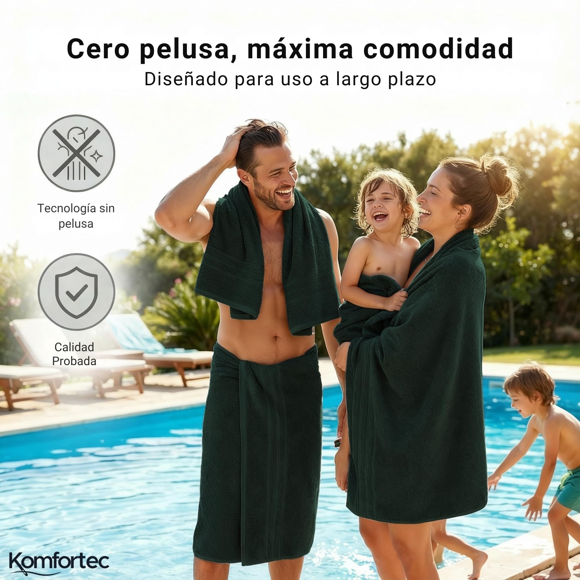 Komfortec Juego de 4 Toallas de Baño 70 x 140 cm – 100% Algodón – Suaves y Alta Absorción – Verde Oscuro