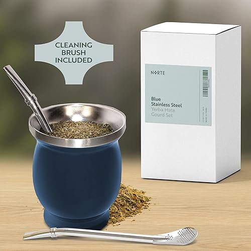 Vista 6 de Norte - Kit de taza de yerba mate, juego de taza de té mate tradicional de 8 onzas, incluye 2 bombillas (popote de yerba mate) y cepillo