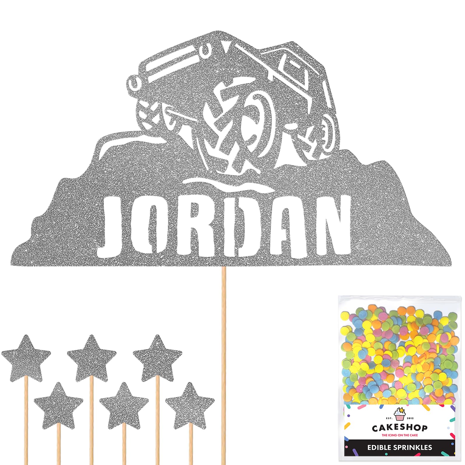 Personalised Off-Road Land Rover Jeep Glitter Topper - Dark Silver Custom Name 4x4 Glitter Cake Decoration and Sprinkles - Happy Birthday Decorations - Personalised Toppers for Cakes by Cakeshop