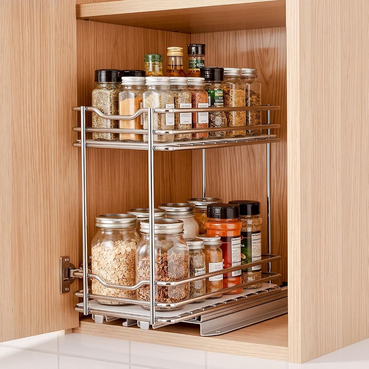 VEVOR Pull Out Spice Rack Organizer for Cabinet, 2 Tier Slide Out Spice Rack Organizer, Heavy Duty Metal Seasoning Kitchen Basket for Inside Cabinets & Pantry Closet, 4.33"W x 8.46"D x 10.43"H, Silver