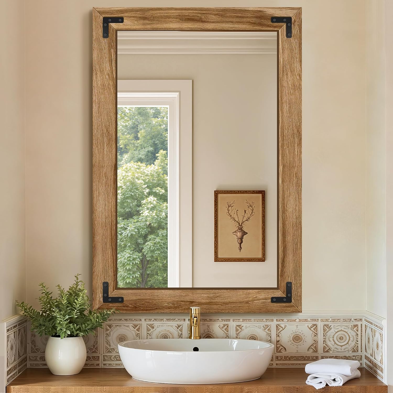 FICTOR 38x26 Inch Rustic Farmhouse Wooden Wall Mirror - Solid Wood Frame Vanity Mirror for Bathroom, Bedroom, Hangs Vertical or Horizontal