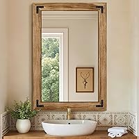 FICTOR 38x26 Inch Rustic Farmhouse Wooden Wall Mirror - Solid Wood Frame Vanity Mirror for Bathroom, Bedroom, Hangs Vertical or Horizontal