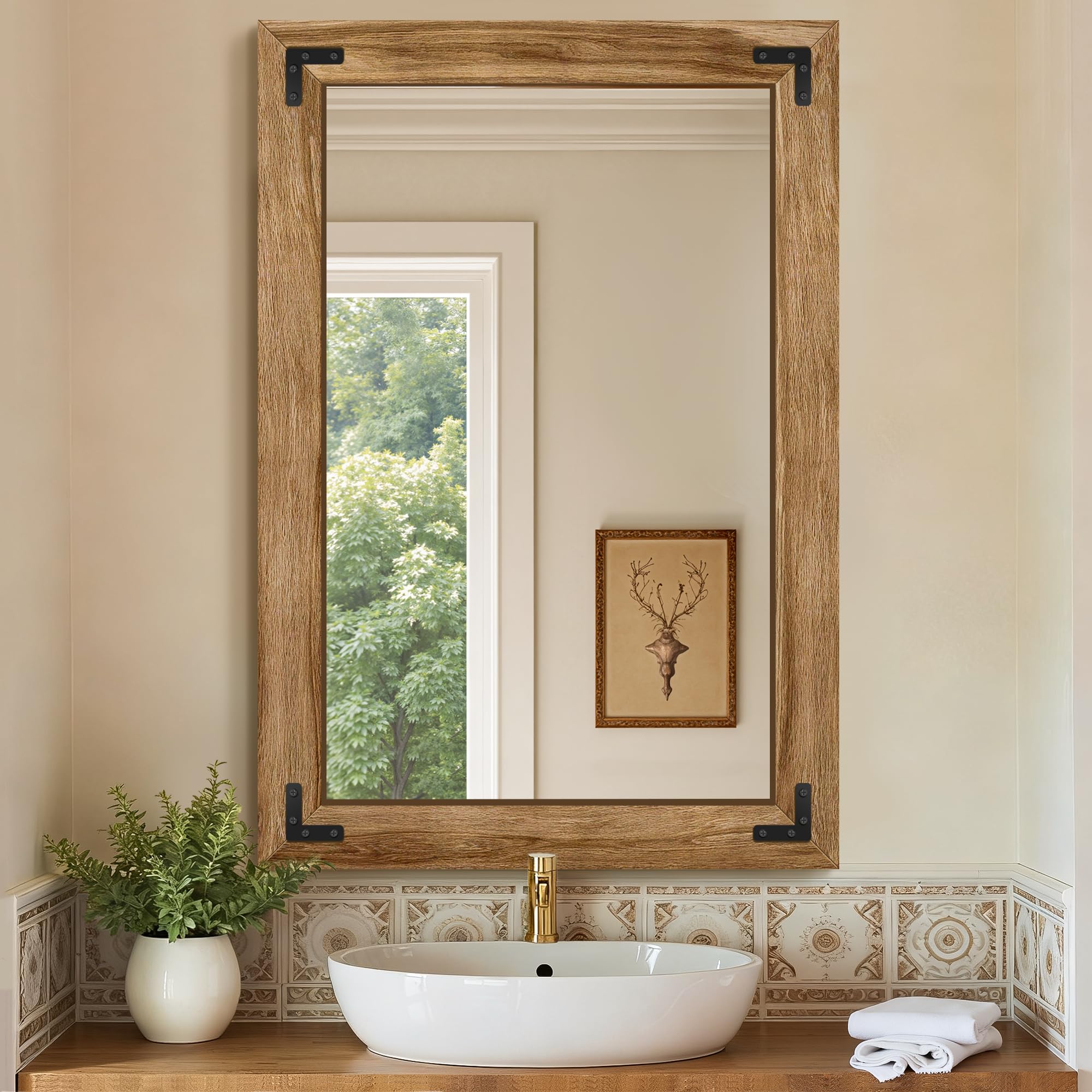 【Wooden Frame Mirror】木枠 ミラー 鏡 Amazon.com: Wooden Bathroom Mirror for Wall, 38