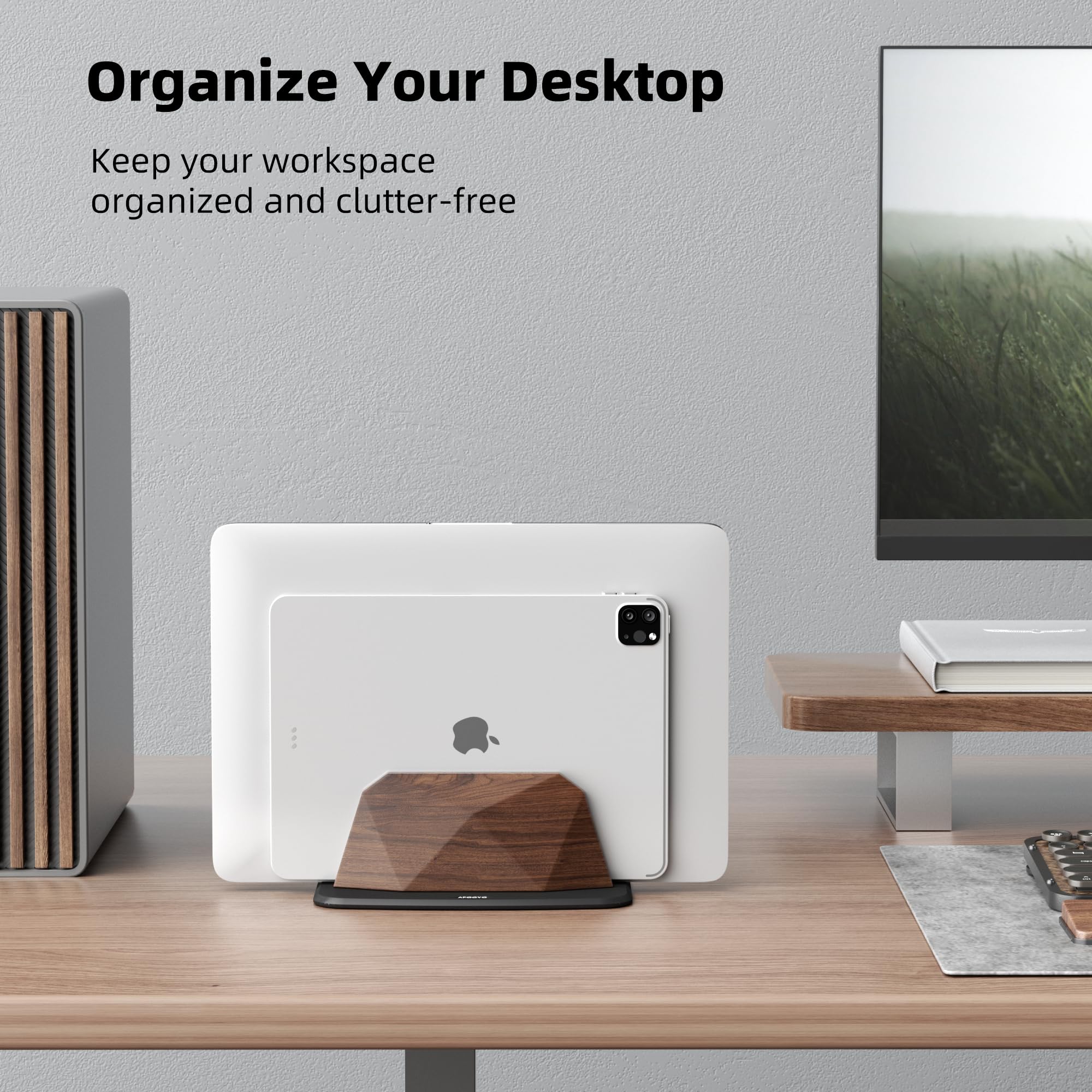 AFOOYO Vertikaler Laptop-Ständer – zwei Schlitze, Walnussholz, verstellbarer Laptop-Halter, Desktop-Dock, kompatibel mit allen MacBook, Surface, Chromebook, Dell und mehr (Walnuss)