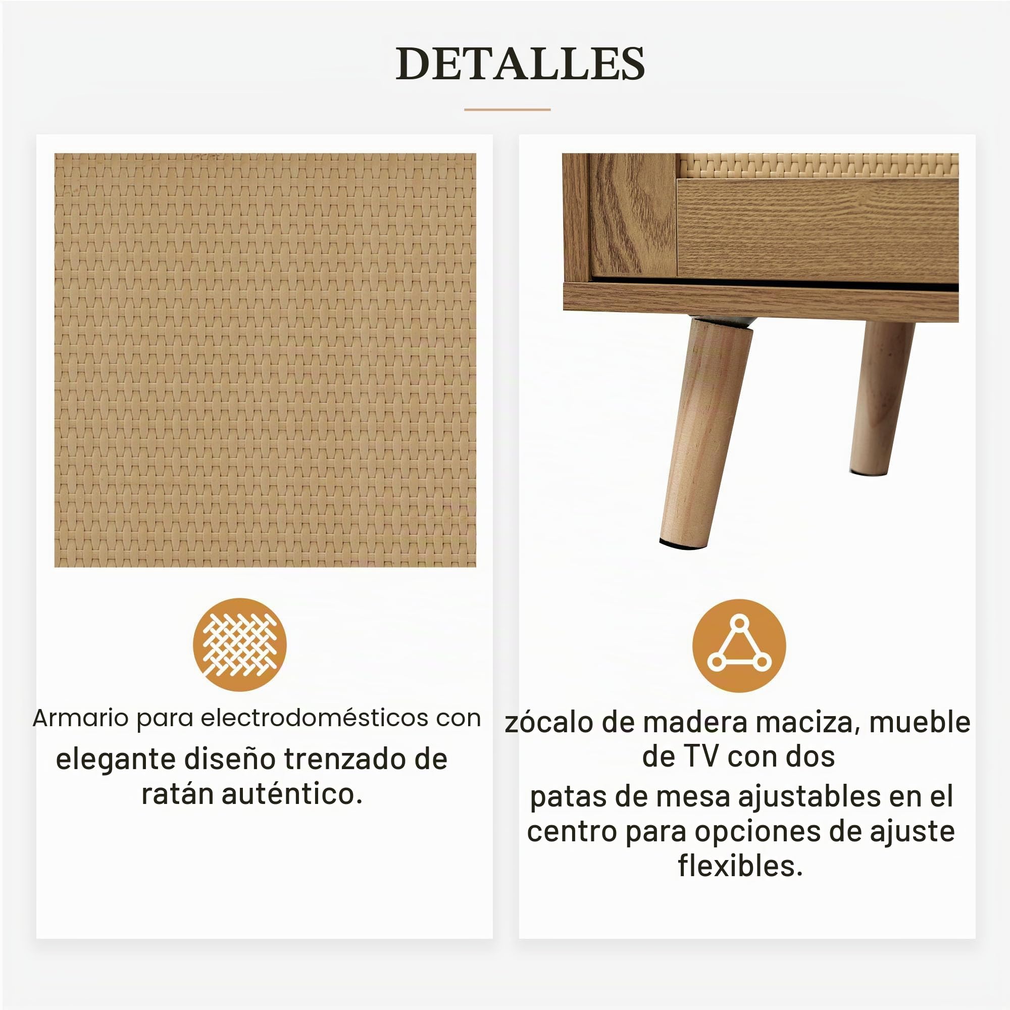 Azkoeesy Mueble para TV de 200 cm de largo, de ratán, con patas de madera maciza y asa, 2 cajones y 2 puertas, color roble