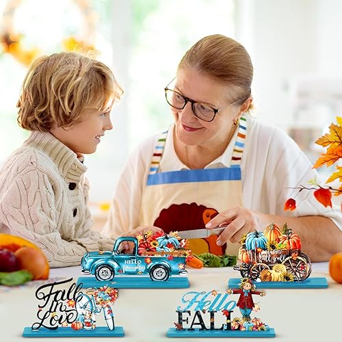 Miniatura 7 de Huwena 4 piezas de decoración de mesa de madera de otoño azul, centros de mesa de cosecha de otoño, gnomo, calabaza, camión, bicicleta, letrero de