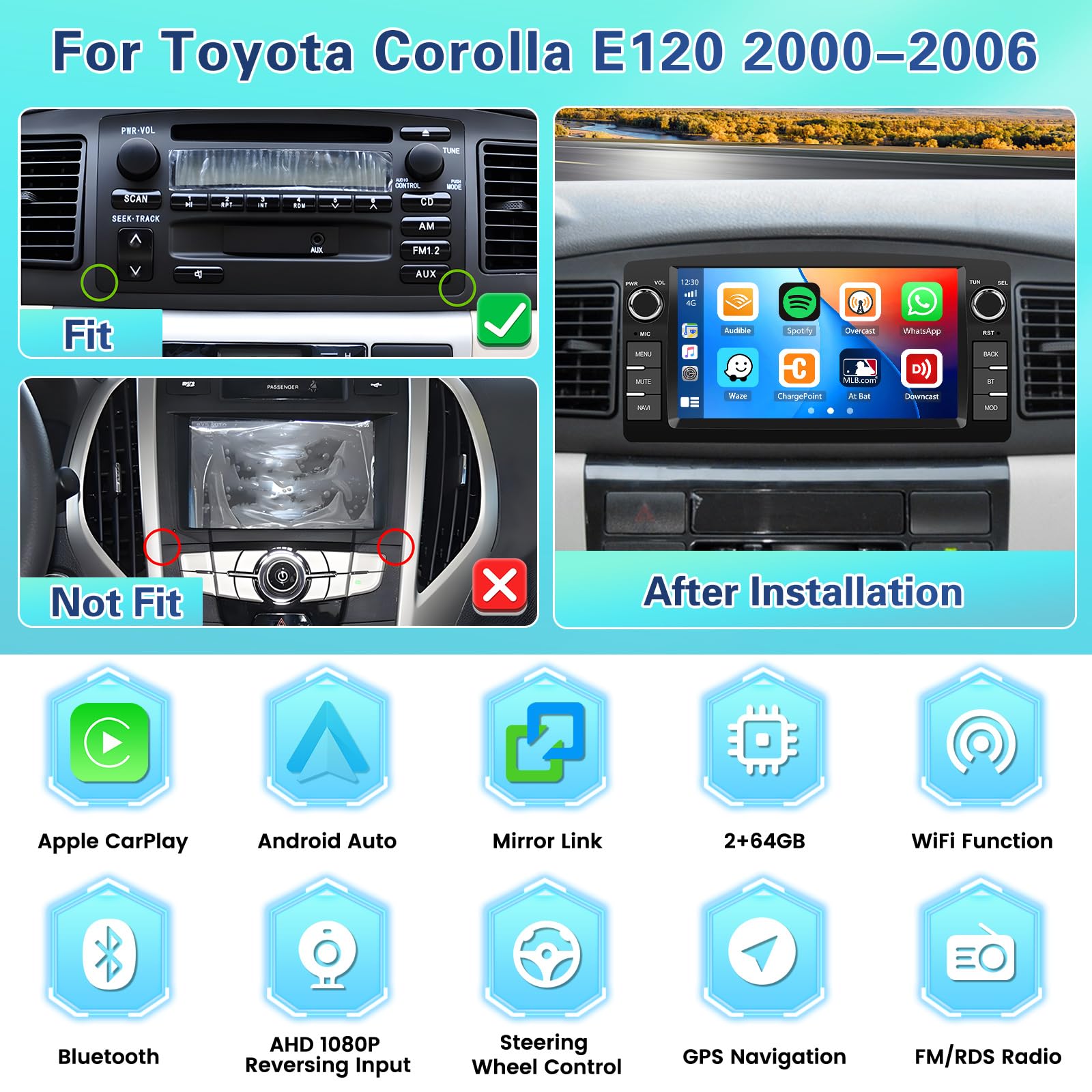 7" Pantalla Radio Coche para Toyota Corolla E120 2000-2006 2+64G | Android 13 Inalámbrico Carplay Android Auto, 7" IPS Pantalla táctil Radio con Bluetooth/WiFi/GPS/Cámara de Seguridad/FM/RDS