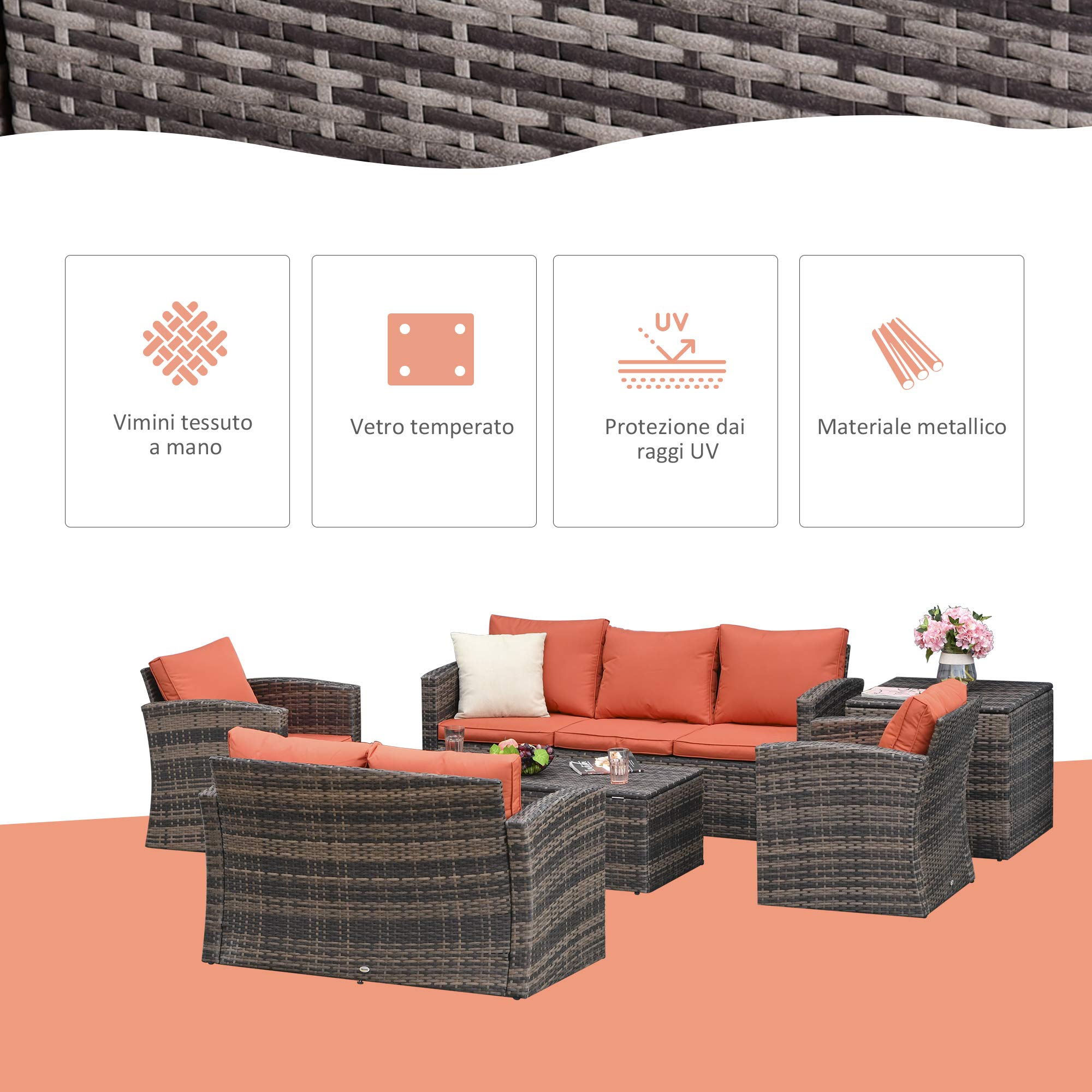 Outsunny Set Mobili da Giardino 6 Pezzi in Rattan, Salotto da Giardino con 2 Tavolini Contenitore, Divani e 2 Poltrone Imbottiti per 7 Persone, Marrone
