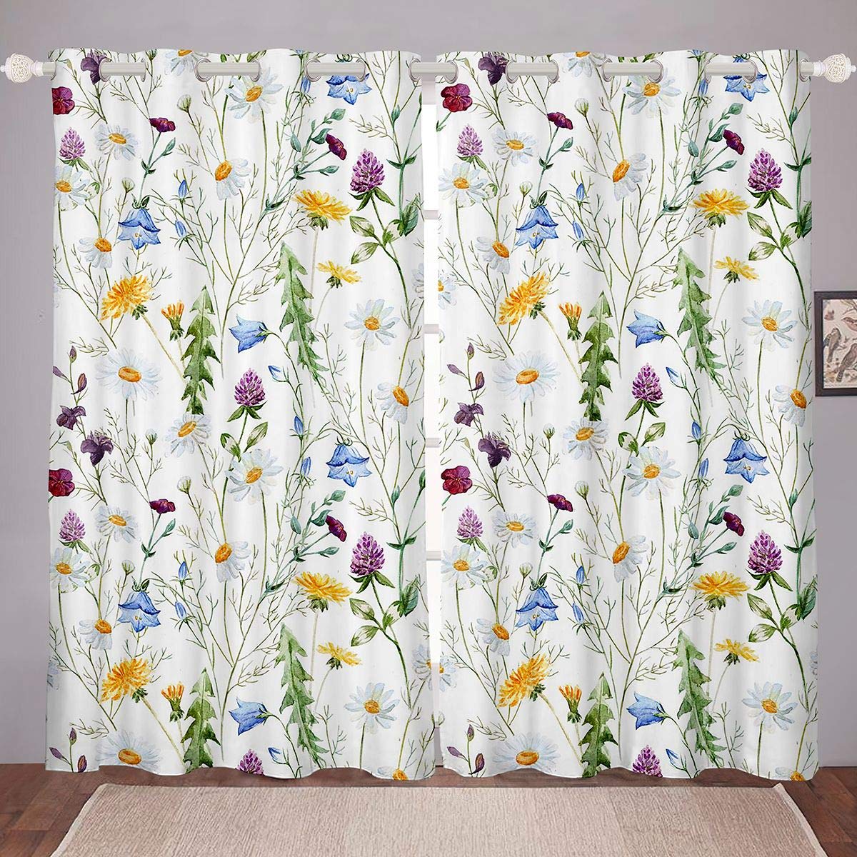Watercolor Chamomile Window Drapes for Girls Boys Children Clover Curtainsative Botanical Floral Window Treatments Blossom Wild Flowers Window Curtain Colorful W66*L72